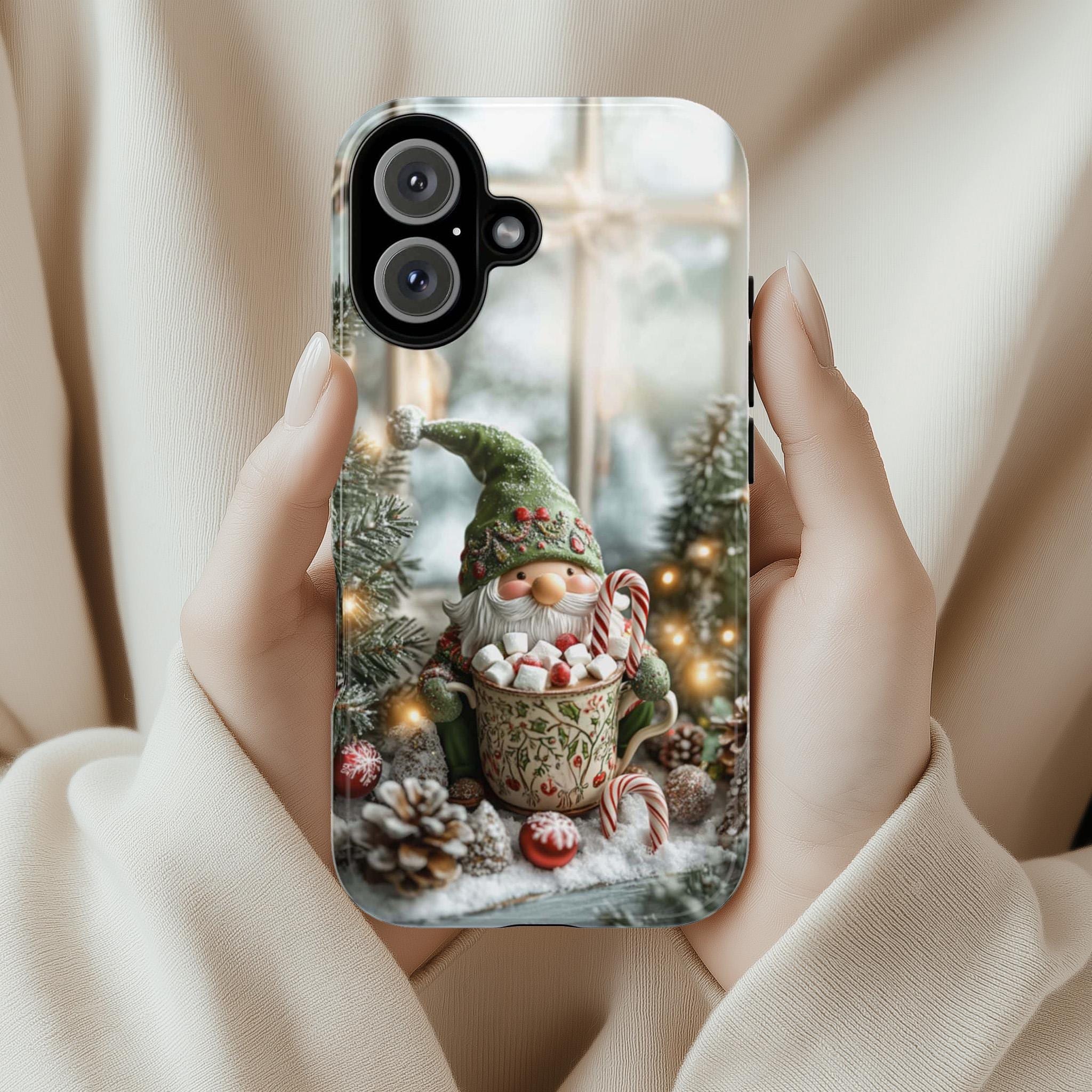 Cozy Festive Holiday Gnome Phone Case, 3D Christmas Gnome & Holly Design for iPhone 15 14 13 12 Pro Max Plus / Samsung S25, 427.1