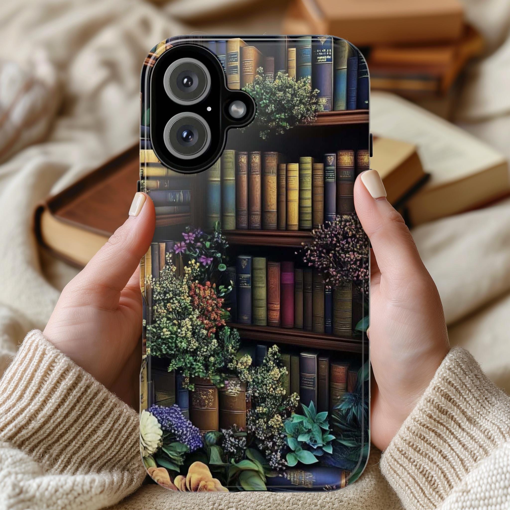 Floral & Library Phone Case, Botanical Plant Design Phone Case, Vintage Book Lover Cover for iPhone 16 15 Tough or Magsafe, Samsung, 423.31