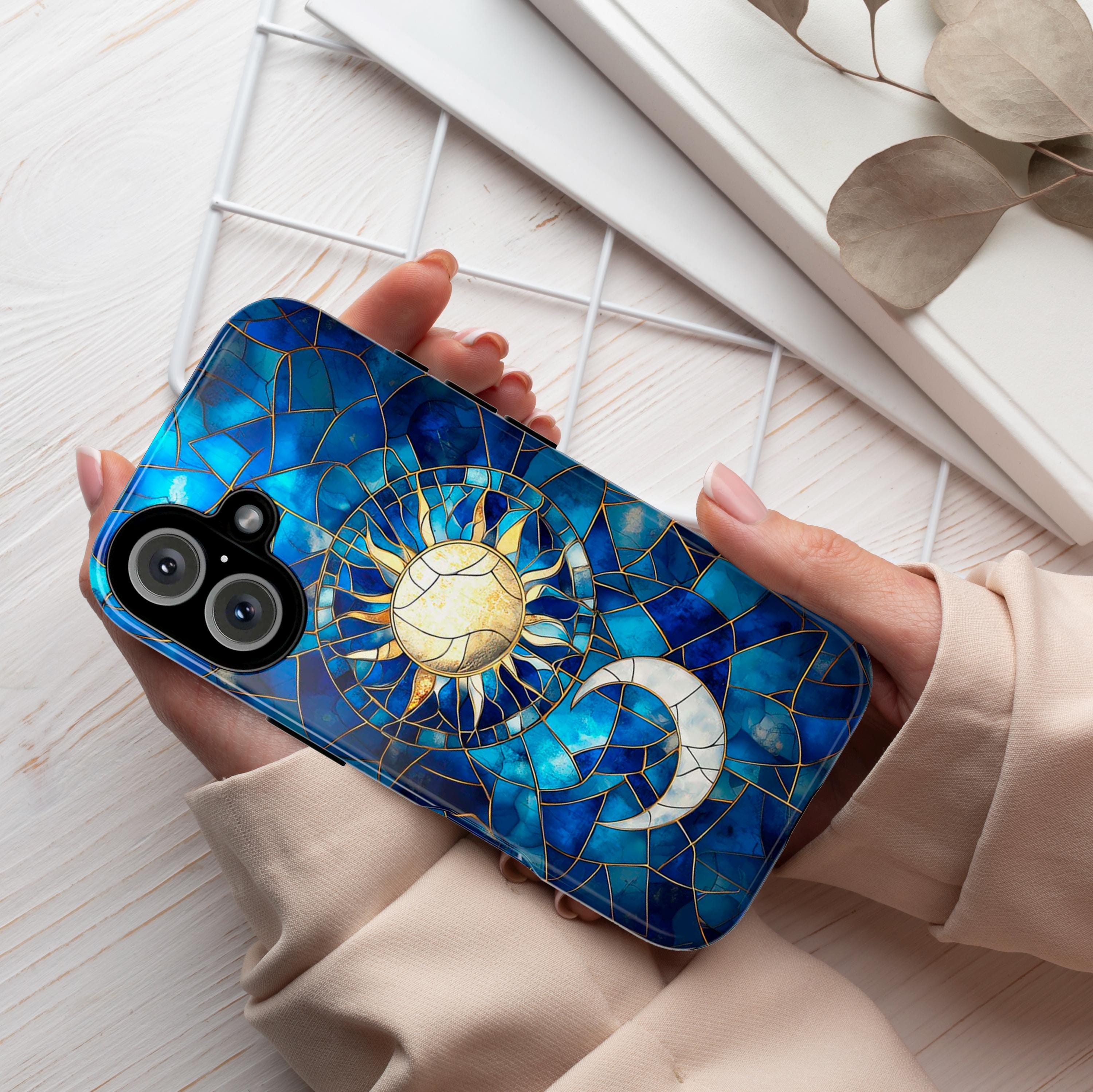 Celestial Moon & Sun Stained Glass Phone Case | Aesthetic Mystic Design for iPhone 16 Pro Max 15 14 13 Plus Mag Safe, Samsung S24 Ultra S23