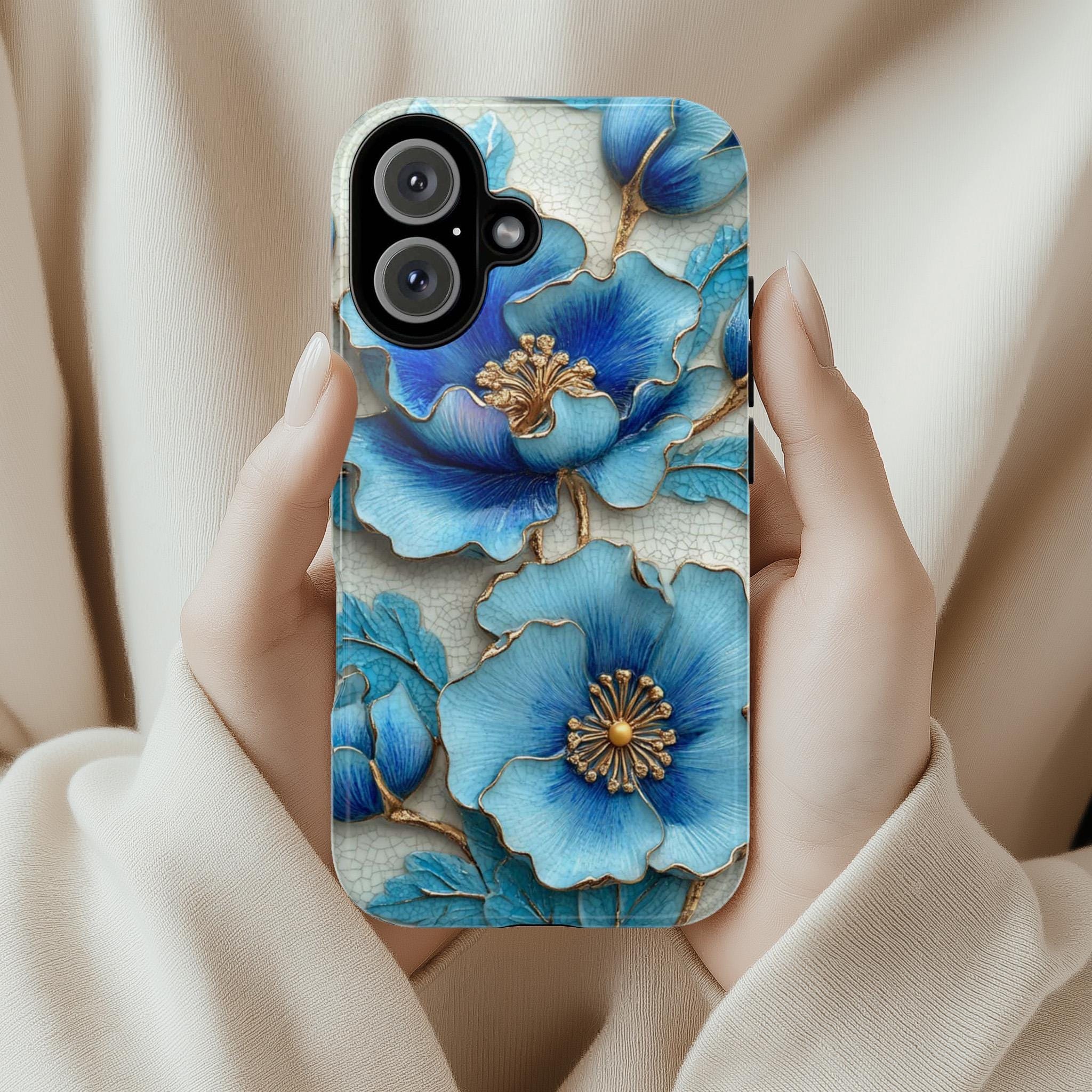 3D Turquoise Blue Floral Phone Case, Elegant Mosaic Design Stylish Accessory Textured 3D Effect for iPhone Tough or Magsafe, Samsung, 476.13