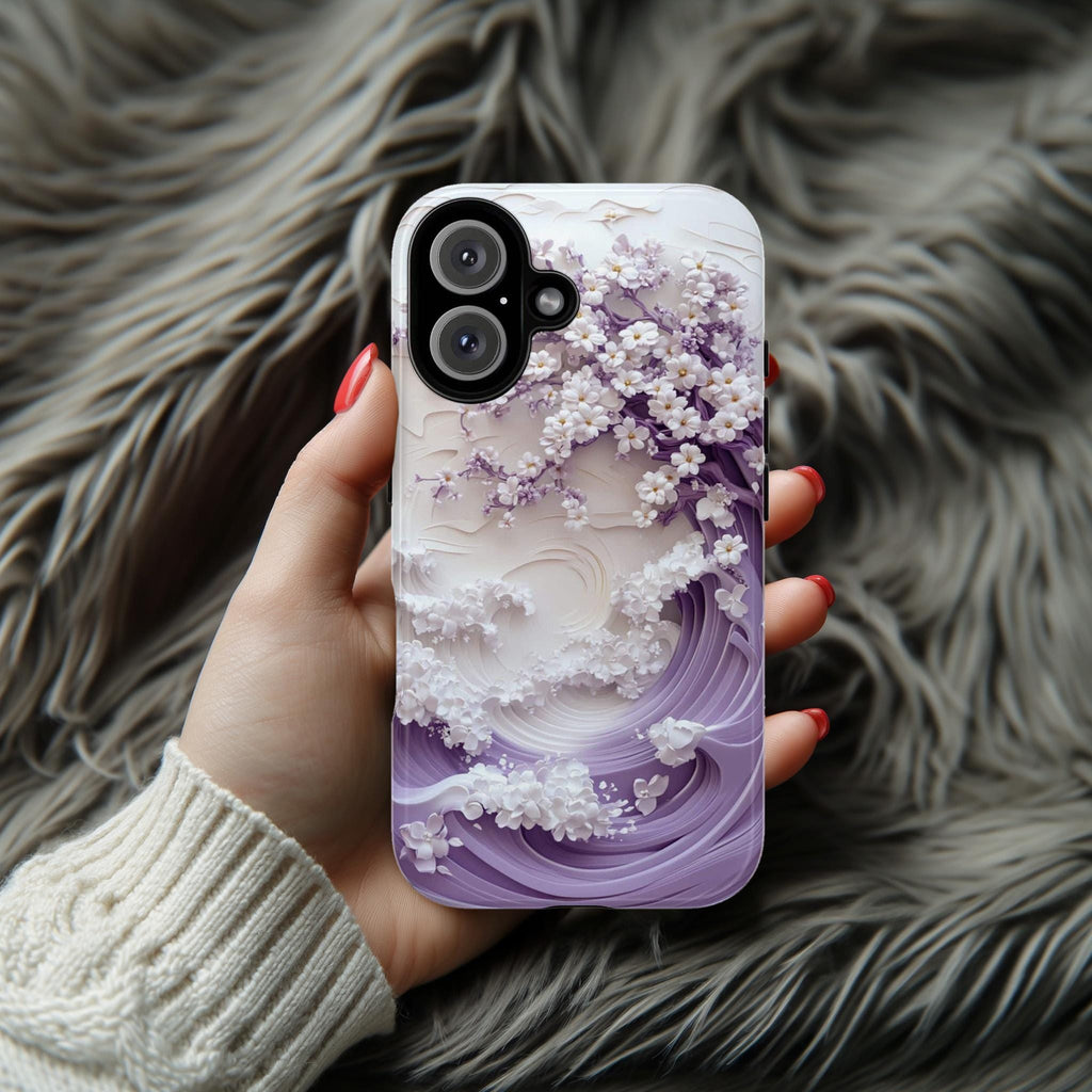 Sakura Cherry Blossom & Waves Phone Case, Purple Japanese Art Cover, 3D Elegant Floral Case for iPhone 16 15 14 Magsafe, Samsung S25, 469.2
