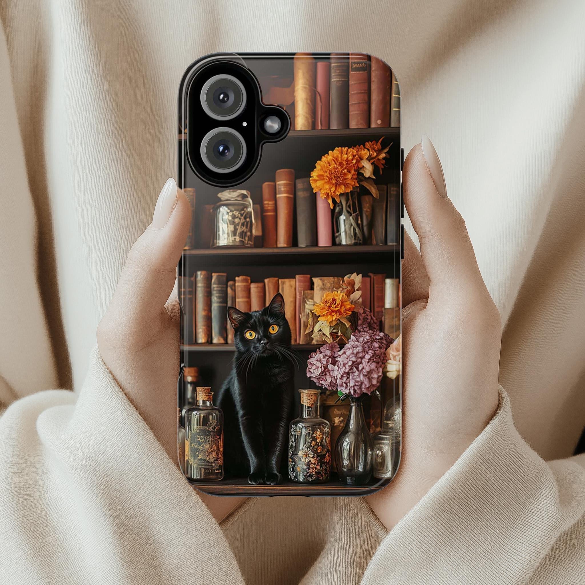 3D Black Cat with Autumn Bookshelf and Flowers Phone Case, Gothic Dark Academia, Mystical Cat and Floral Art for iPhone 16, Samsung, Pixel
