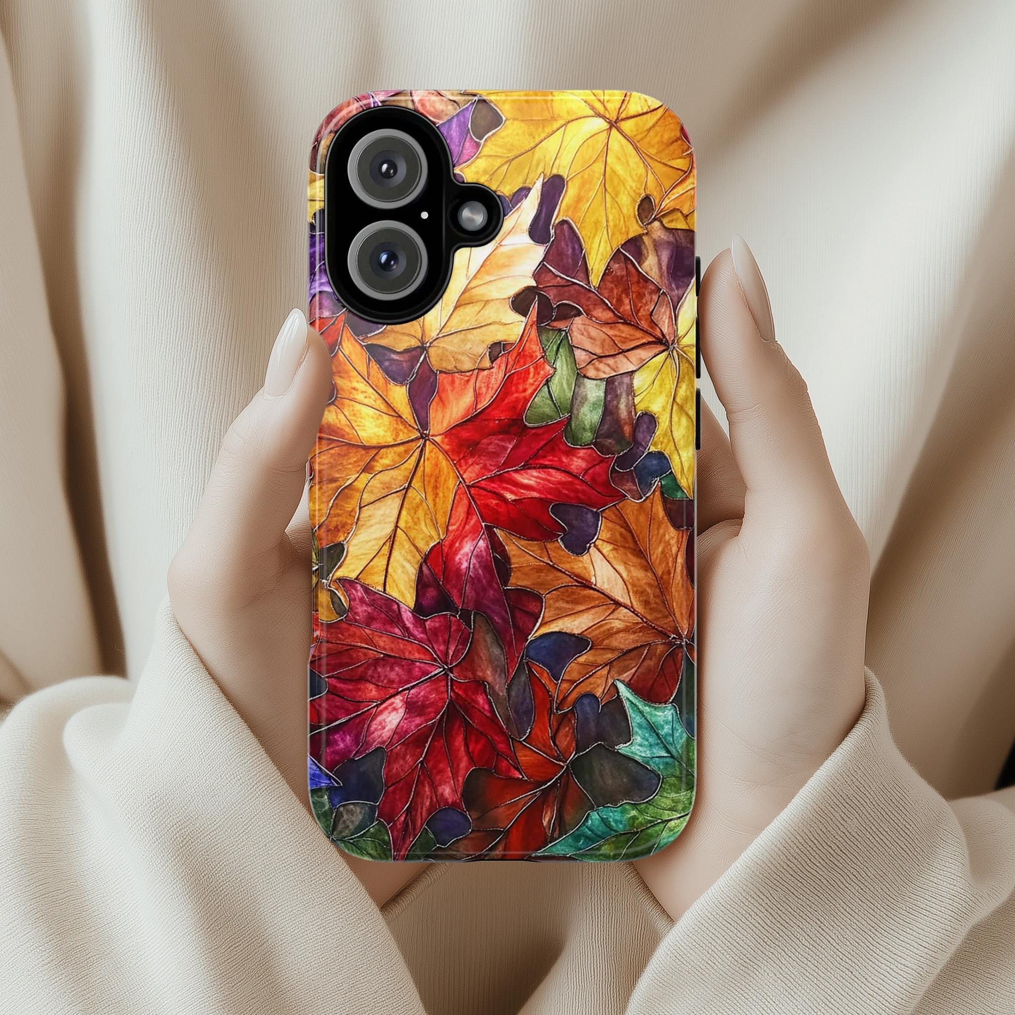 Colorful Fall Leaves Stained Glass Phone Case | Vibrant Autumn Design for iPhone 16 Pro Max 15 14 13 12 Plus Mag Safe, Samsung S25, 416.5
