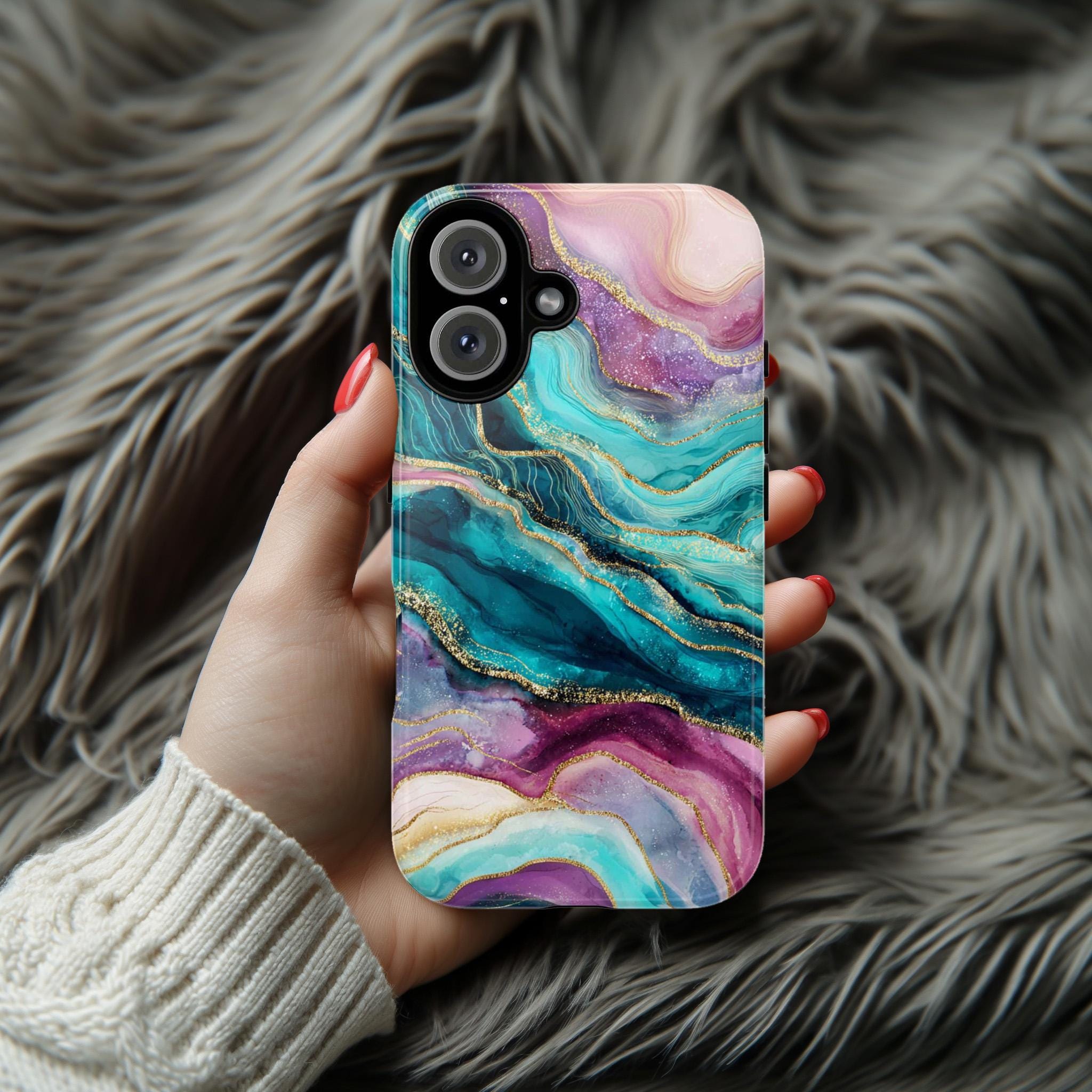Pink Teal Bold Marble with Gold effect Phone Case, Stylish Protective Cover for iPhone and Android, Chic Modern Aesthetic Accessory, 479.2
