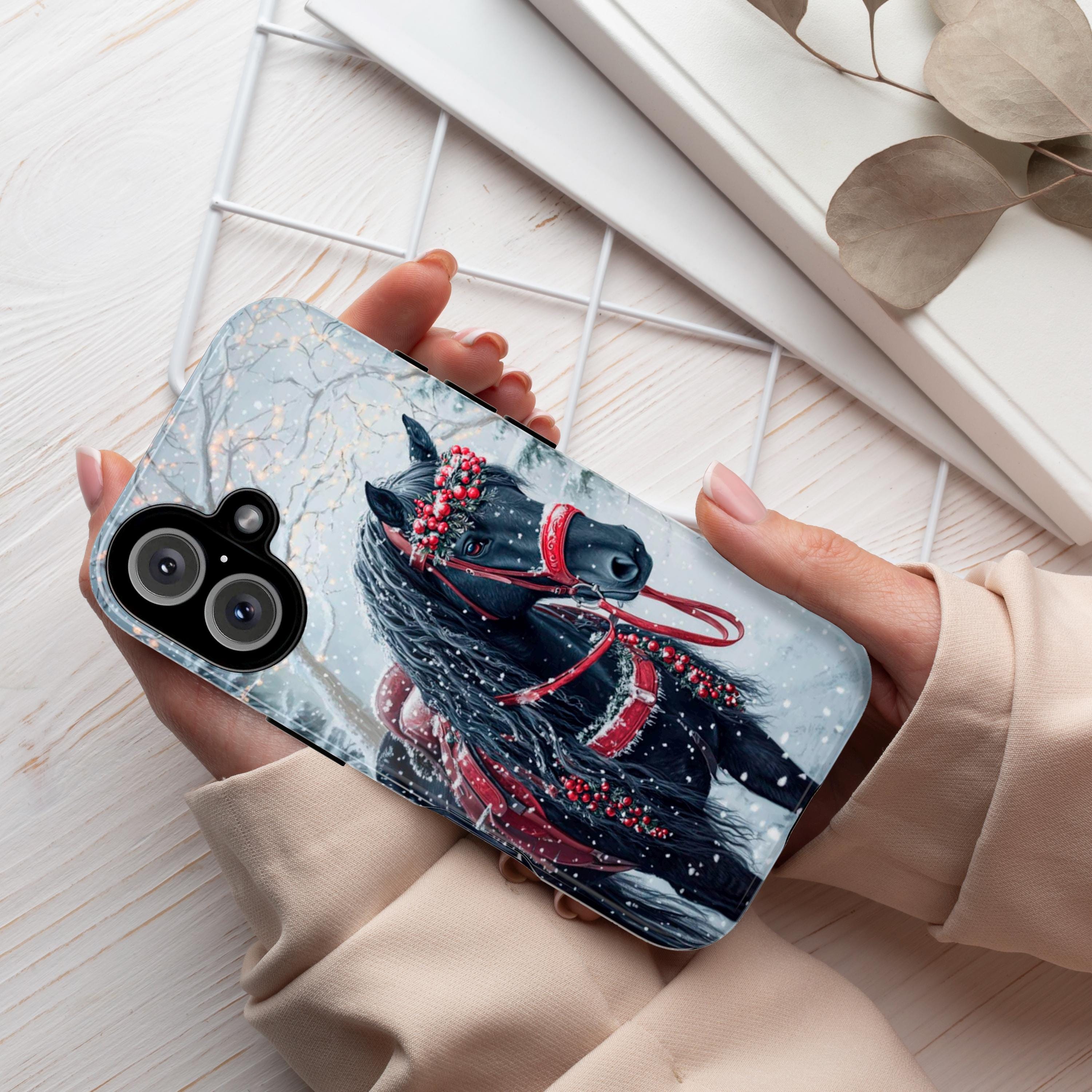 Black Horse Red Harness & Winter Forest Phone Case, Festive Christmas Cover for Horse Lovers iPhone 16 15 14 13 Magsafe, Samsung S24, 440.6