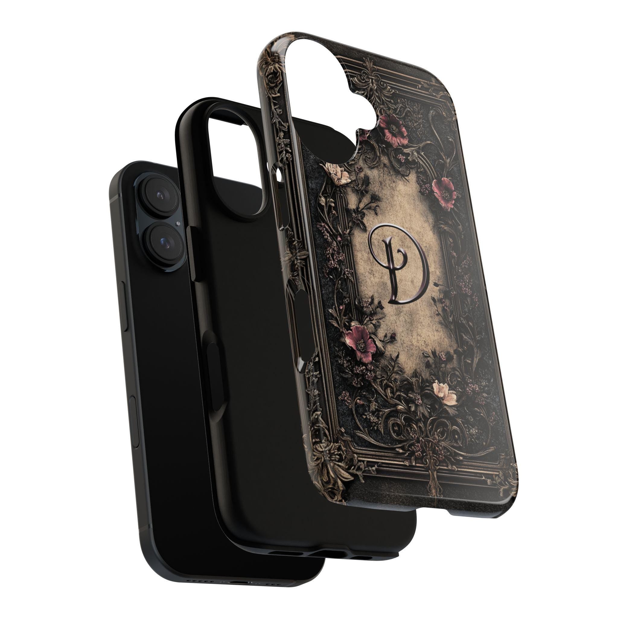 Dark Gothic Floral 3D effect Phone Case, Personalized Monogrammed Cover, Elegant Baroque Flower Design for iPhone 16, Samsung, Pixel, 463.5