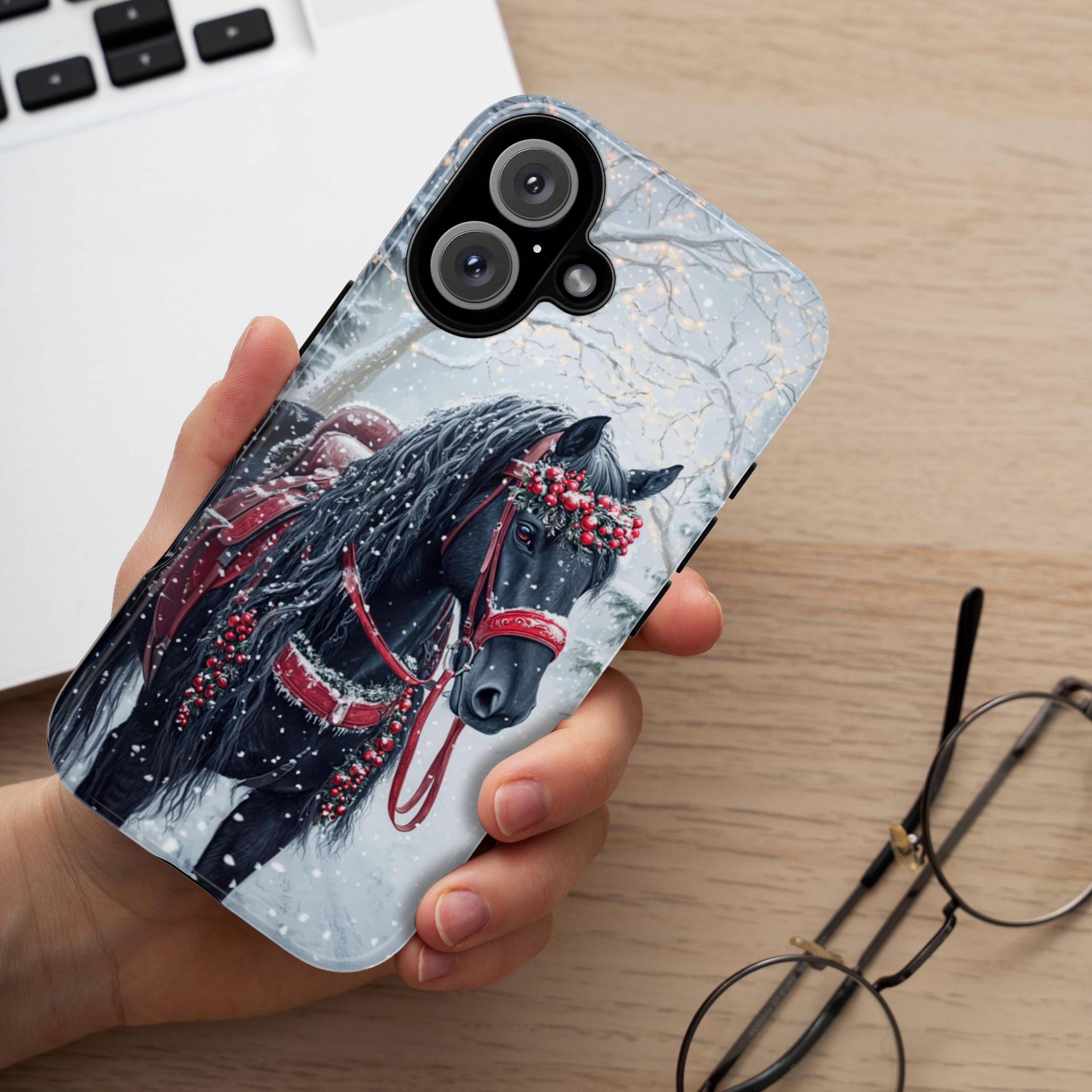 Black Horse Red Harness & Winter Forest Phone Case, Festive Christmas Cover for Horse Lovers iPhone 16 15 14 13 Magsafe, Samsung S24, 440.6
