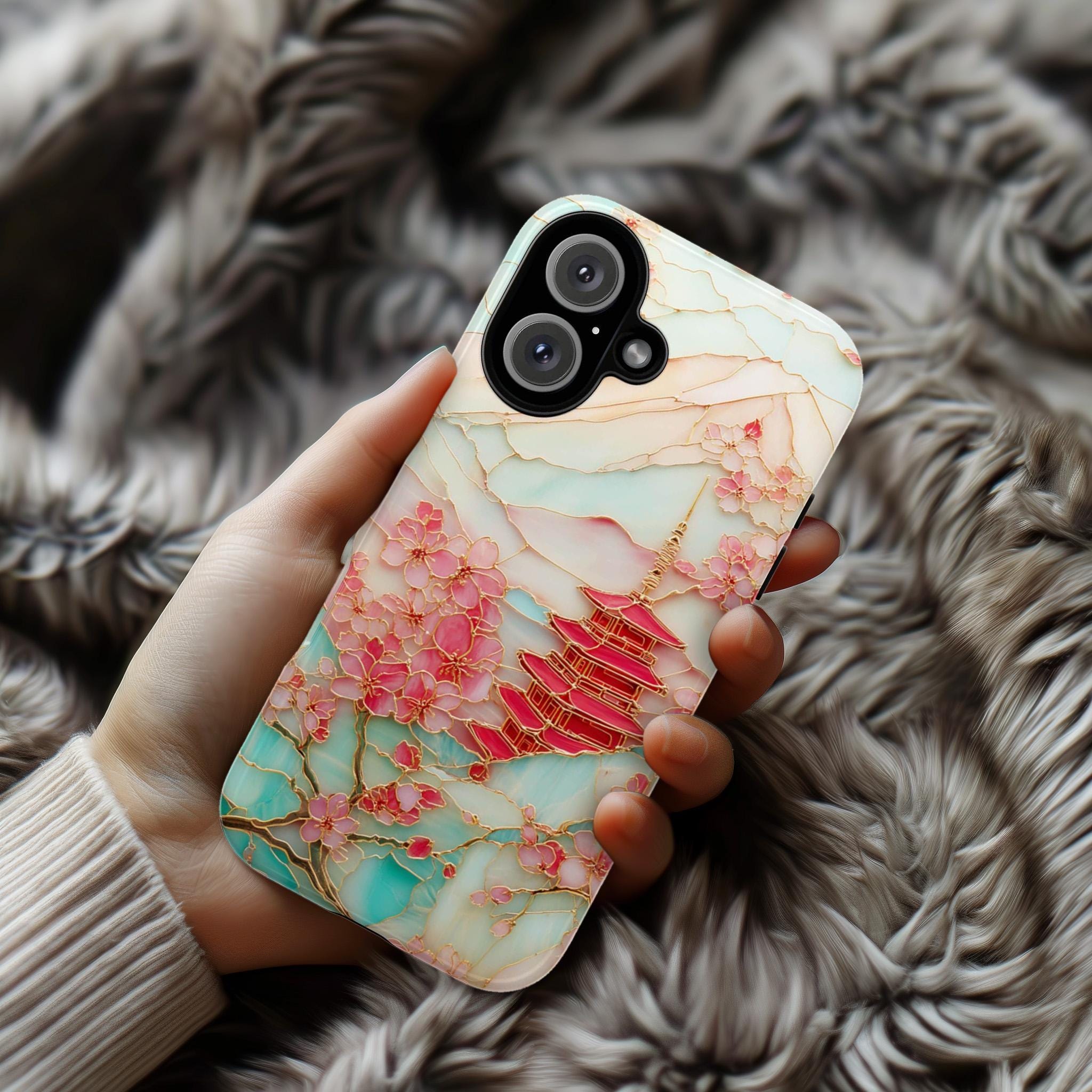 Cherry Blossom Phone Case, Mount Fuji & Pagoda Japanese Sakura Stained Glass Design for iPhone 16 15 Tough or Magsafe, Samsung S25, 469.11
