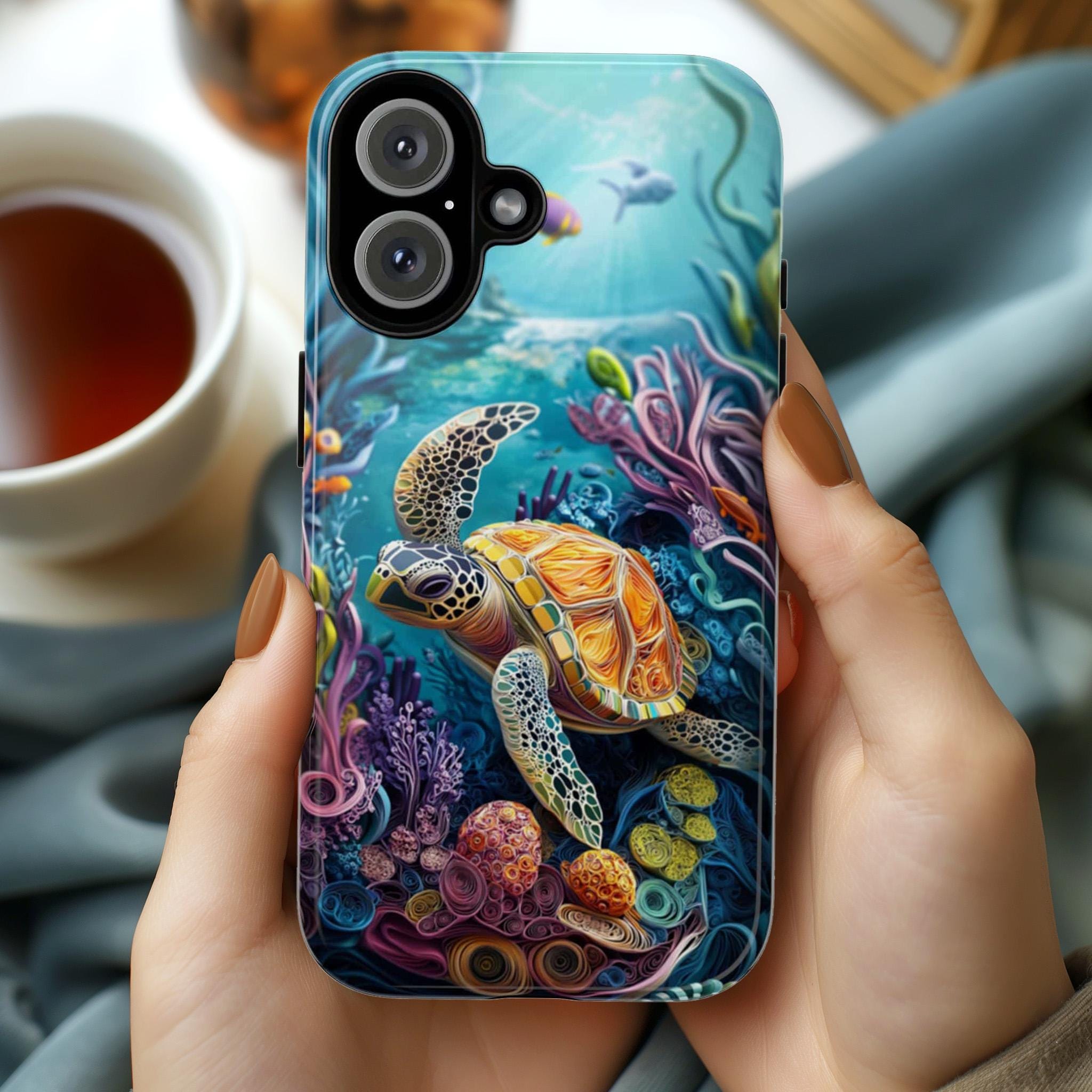 Colorful Sea Turtle Phone Case, Marine Life Design, Vibrant Ocean Art Lovers Case for iPhone 16 15 14 13 Magsafe, Samsung S25, 455.13
