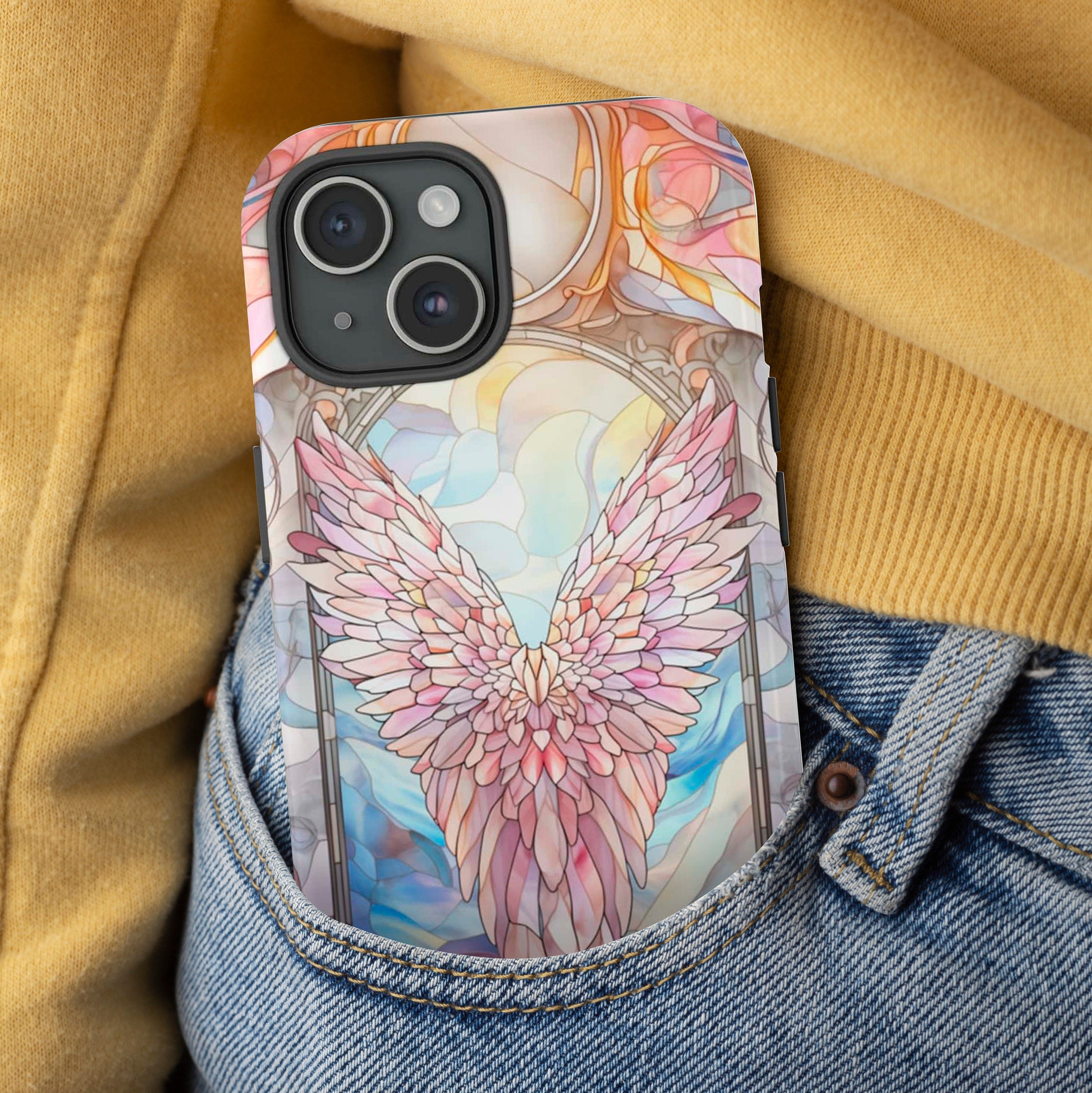 Stained Glass Angel Wings Phone Case, Aesthetic Phone Cover for iPhone 16 15 14 13 Magsafe, Pro Max Plus Samsung Galaxy S25, 358