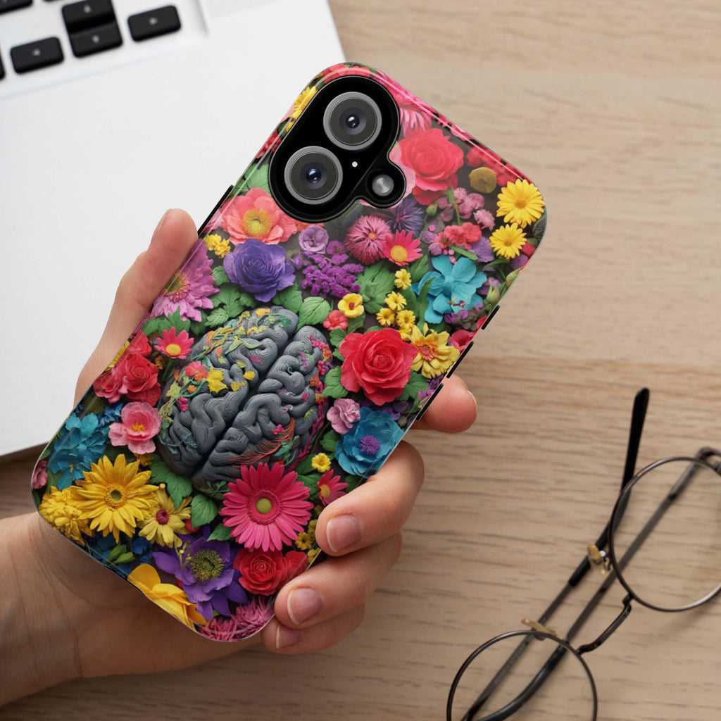 Vibrant Human Brain Floral Phone Case, Botanical Design with Daisies & Roses, Medical Case for iPhone 17 16 Tough or Magsafe, Samsung, 430.4