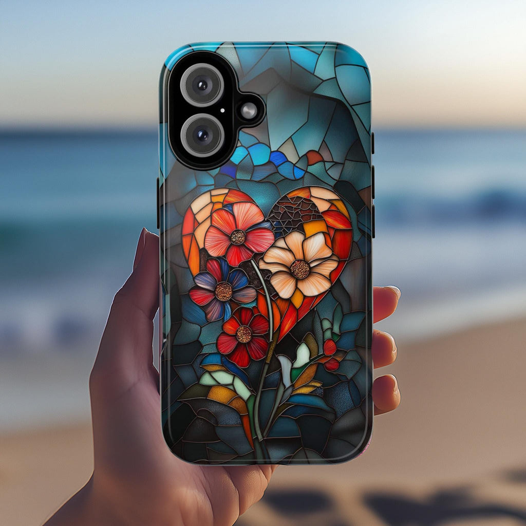 Stained Glass Floral Heart Phone Case, Valentines Day Phone Cover for iPhone 16 15 14 13 Pro Magsafe Samsung Galaxy S24, 418.10
