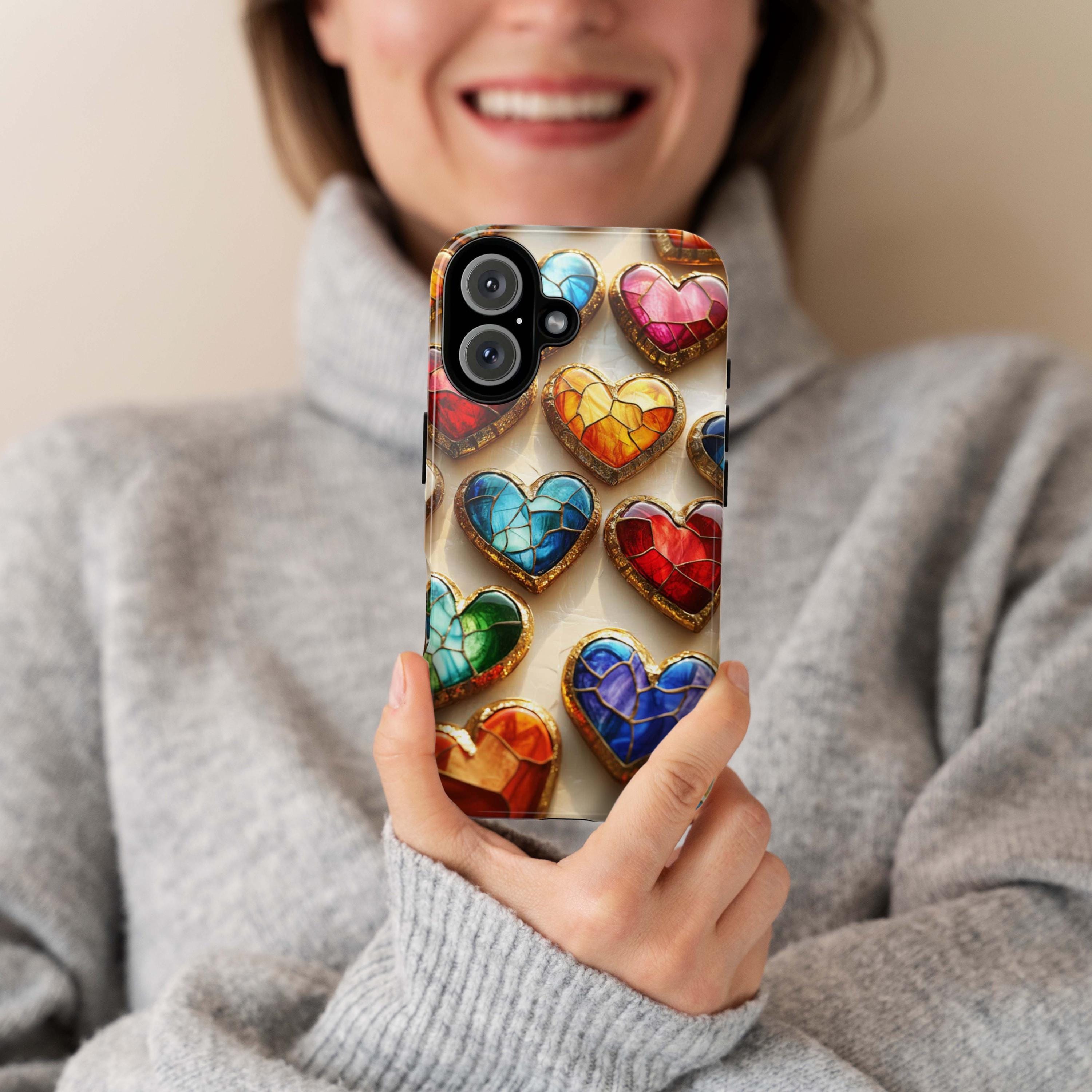 Stained Glass Colorful Hearts Phone Case, 3D Design, Perfect for Valentines Day Gift, Artistic Case for iPhone Magsafe, Samsung, 462.3