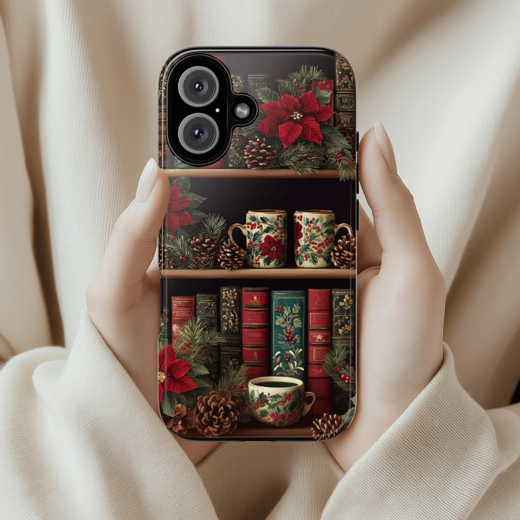 Christmas Bookshelf Phone Case, Holiday Mugs & Poinsettia Floral Cover for Tough or MagSafe for iPhone 17 16, Samsung S25, 423.34