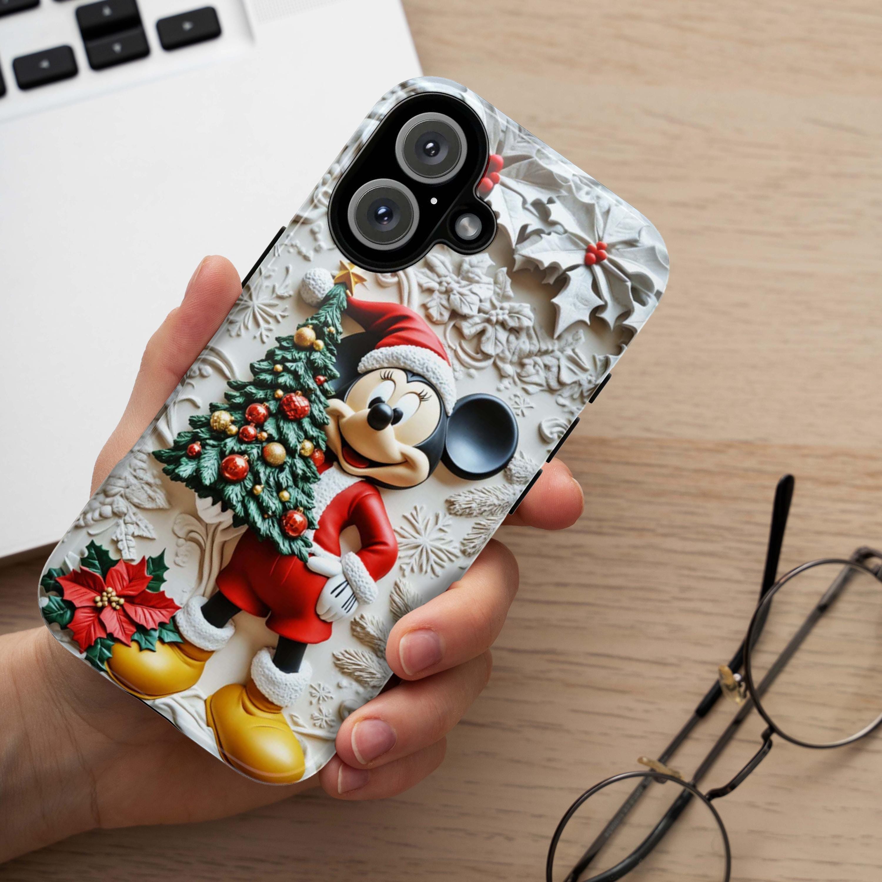 Xmas Mickey Mouse 3D effect Phone Case, Cartoon Design, Santa Mickey Christmas Tree Phone Case for iPhone 16 15 Magsafe, Samsung S24, 442.18