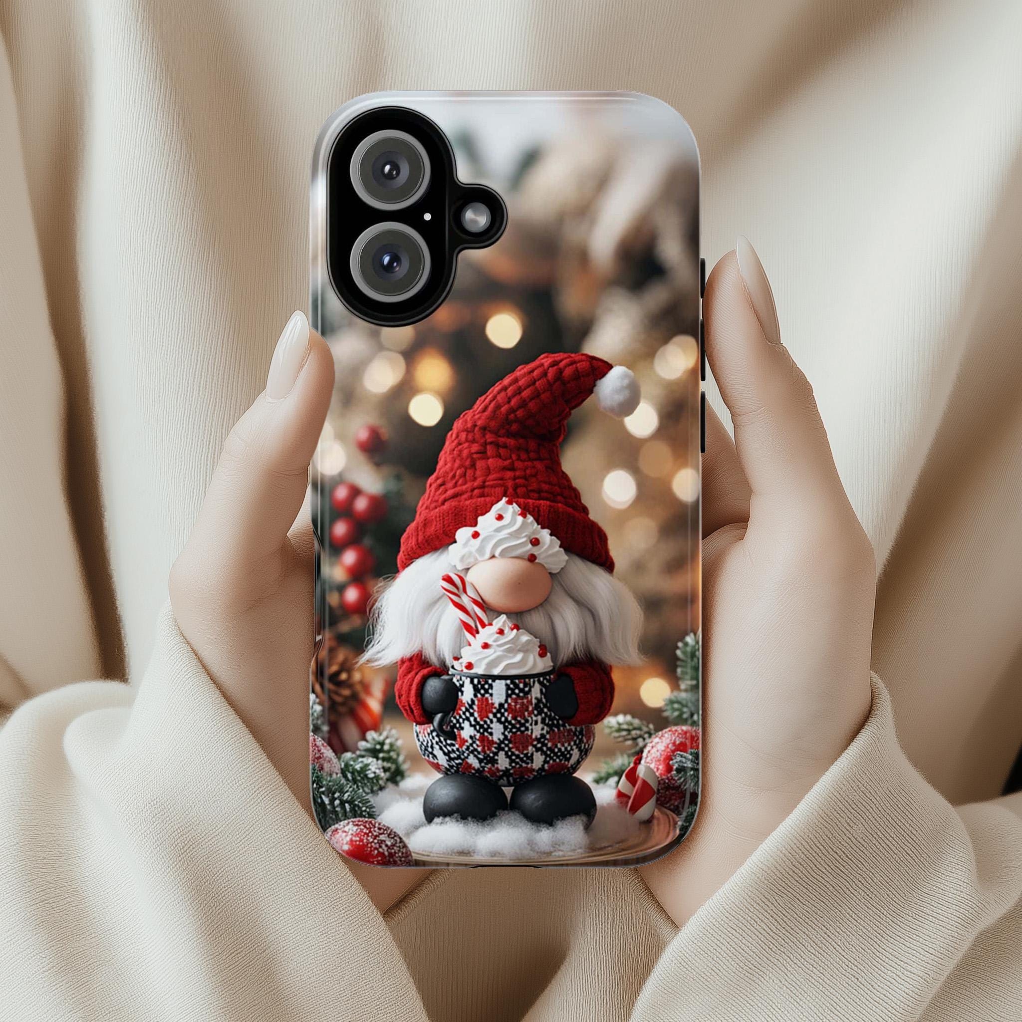 Cozy Xmas Holiday Gnome Phone Case, 3D Christmas Festive Gnome & Holly Design for iPhone 15 14 13 Magsafe, Samsung S25, Pixel, 427.5