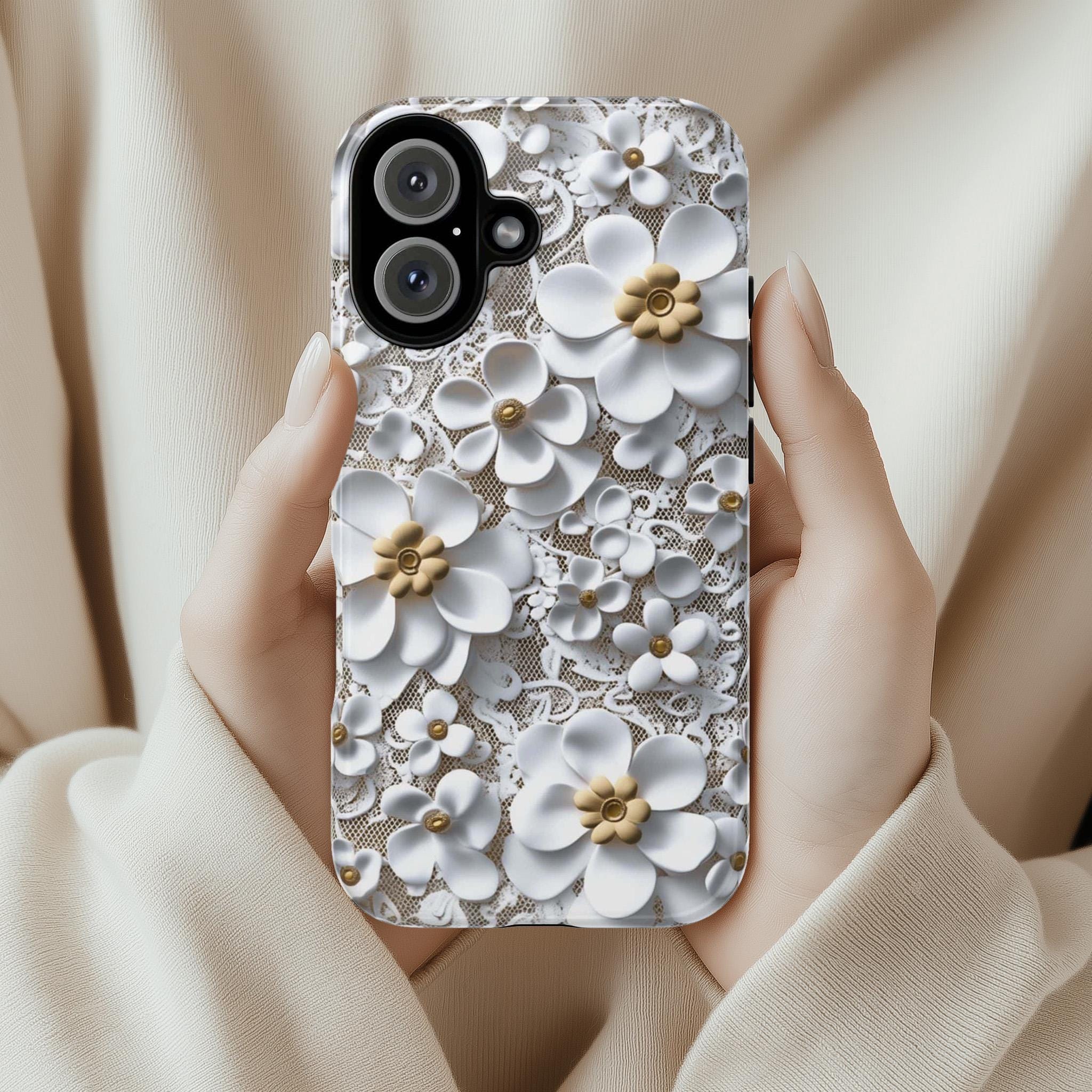 3D Effect Floral Lace Phone Case, Elegant Wedding Cover for Bride or Bridesmaid, Bridal Party Gift iPhone Tough or Magsafe, Samsung, 439.78