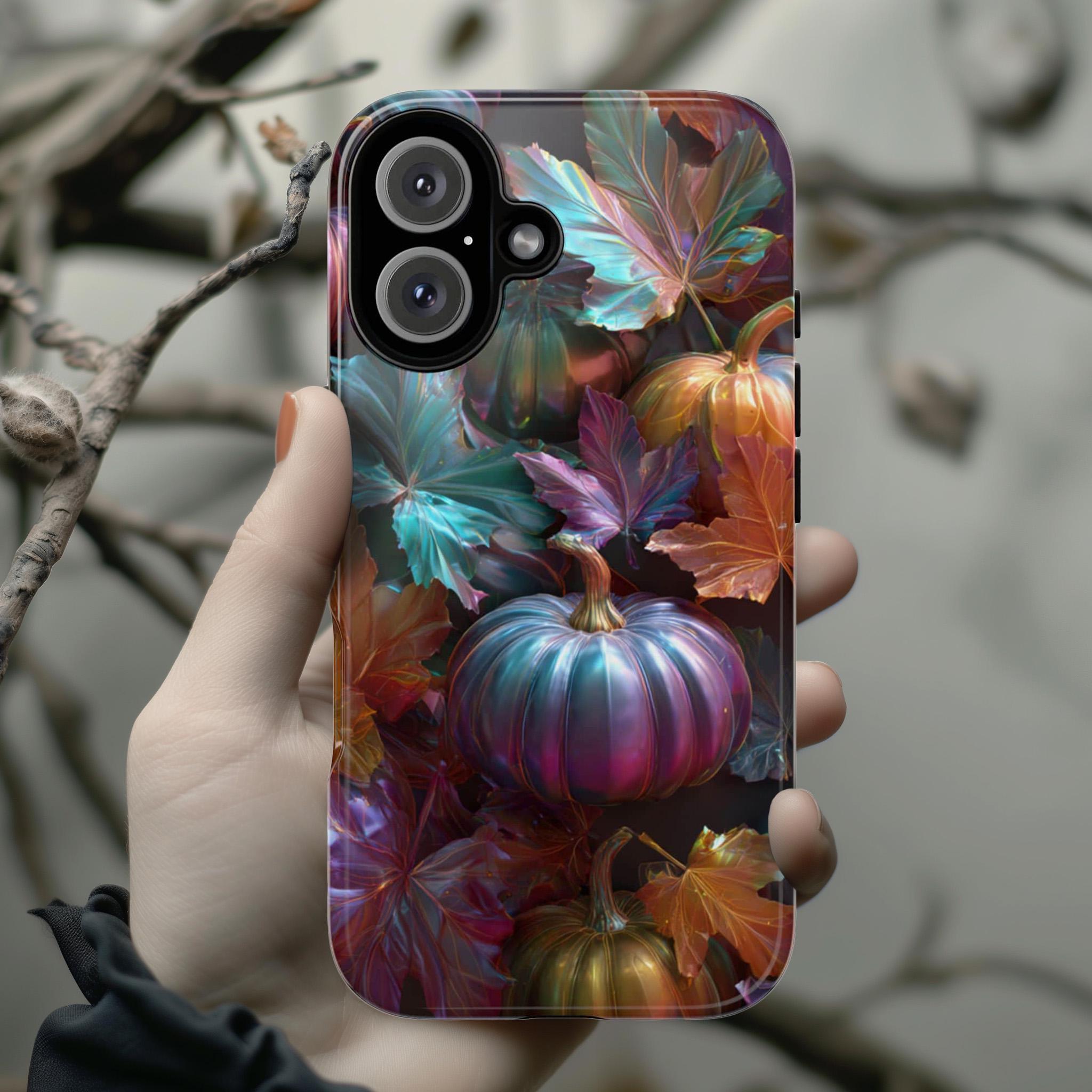 Shiny Halloween Pumpkin Phone Case with Autumn Leaves, Metallic Effect Seasonal Cover for iPhone 16 15 14 Tough or Magsafe, Samsung, 475.22