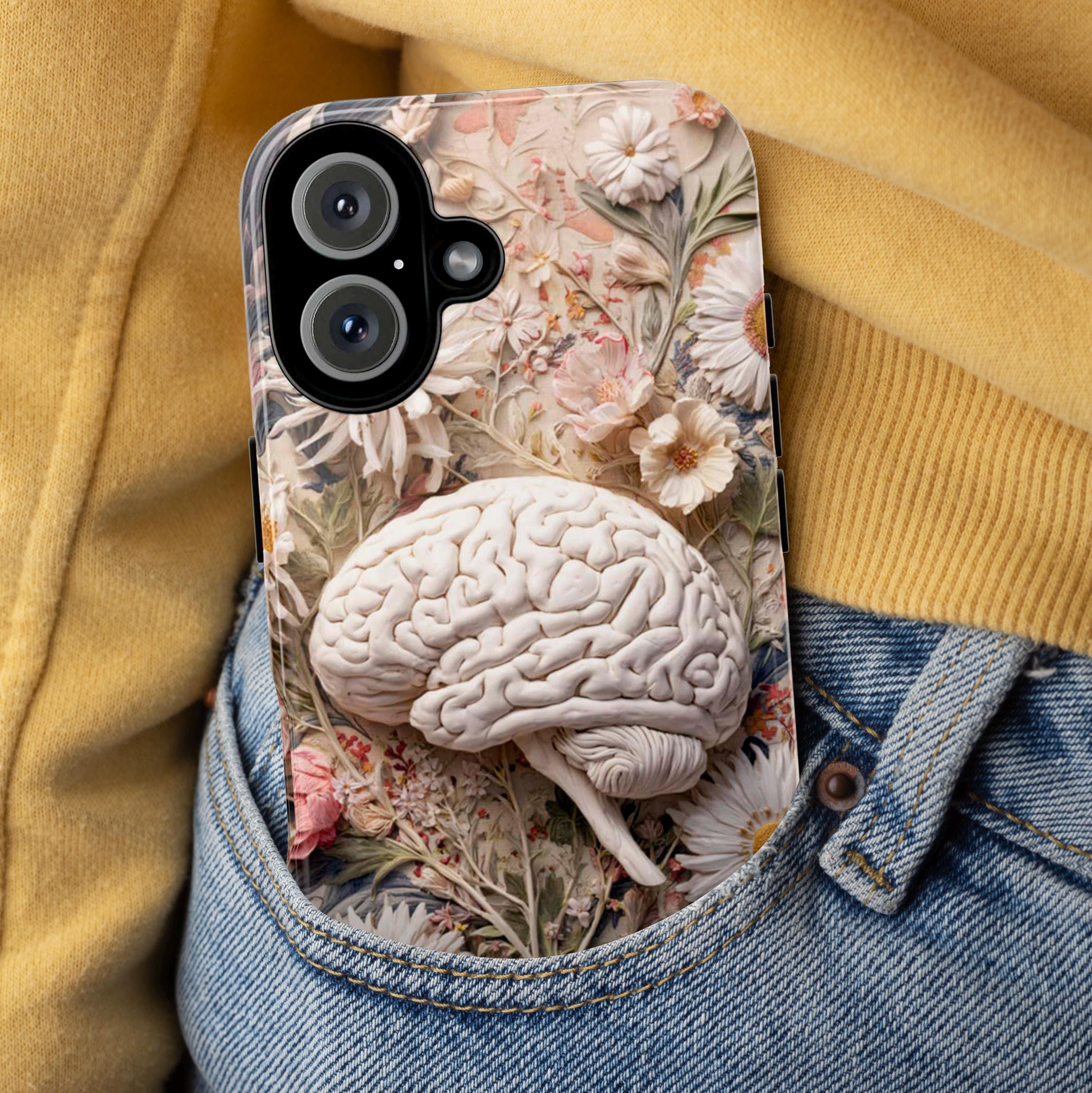Pastel Anatomical Brain Phone Case with Meadow Florals | Soft Botanical Science Art Case for iPhone 17 16 Tough or Magsafe, Samsung, 430.3