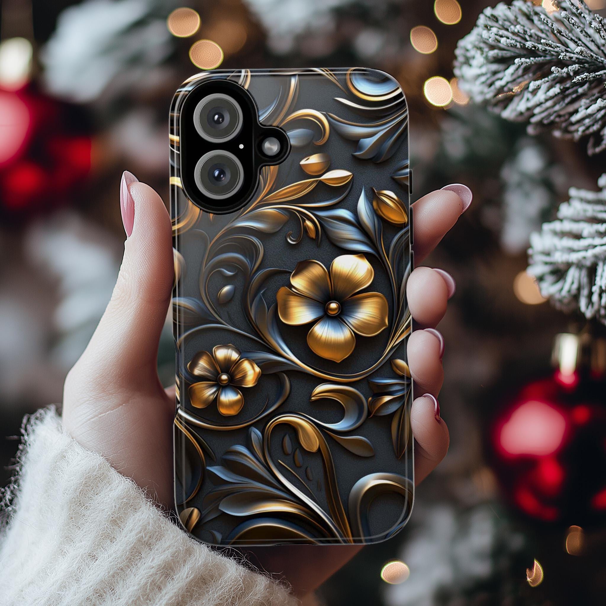 3D Gothic Gold Black Floral Phone Case - Dark Night Flowers Case fit for iPhone 16 Pro Max 15 14 13 12 Plus, Samsung S25 Ultra Plus, 428.1