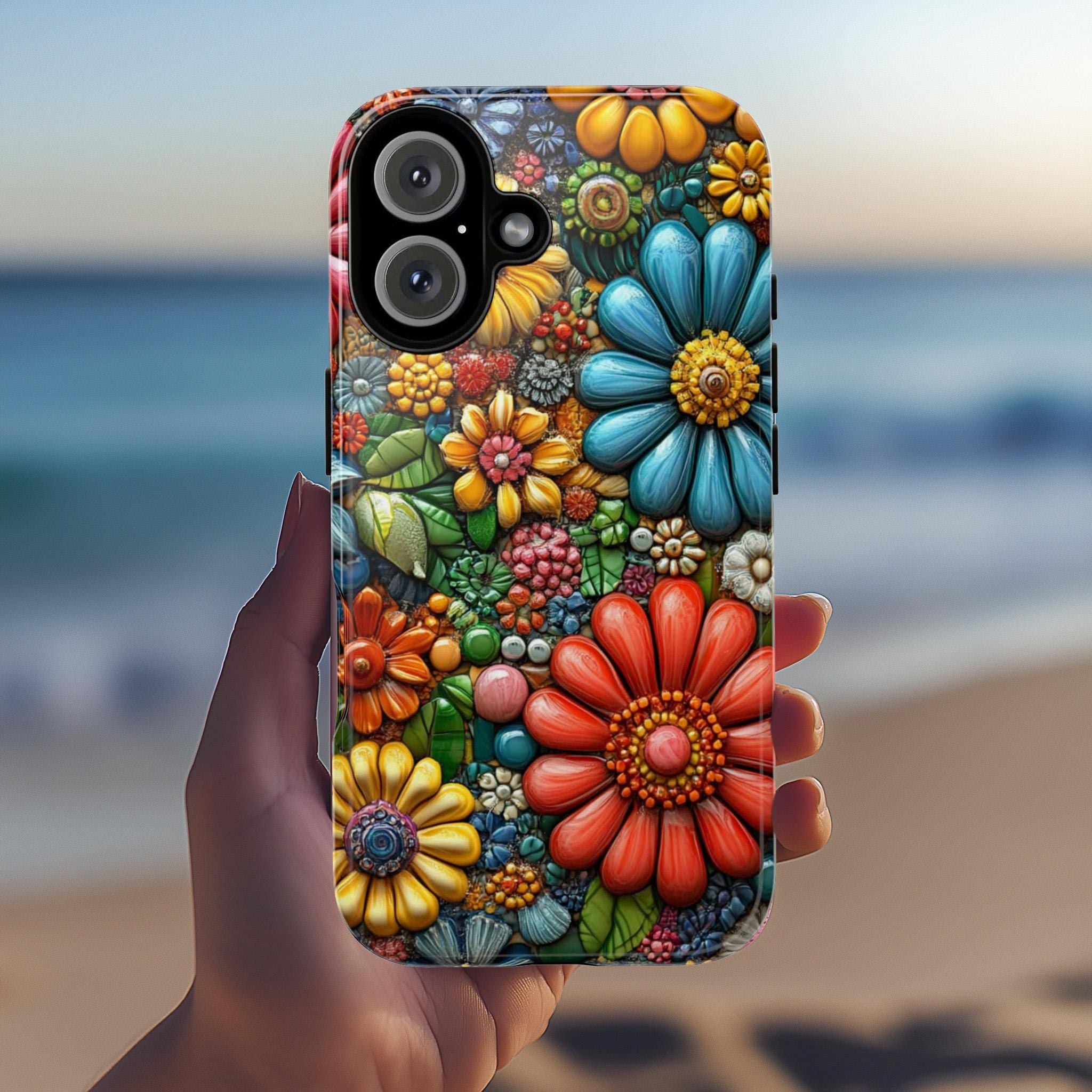 Colorful Daisy Botanical Floral Phone Case, 3D Effect Vibrant Floral Phone Case for iPhone 16 15 14 13 Tough or Magsafe, Samsung, 476.10