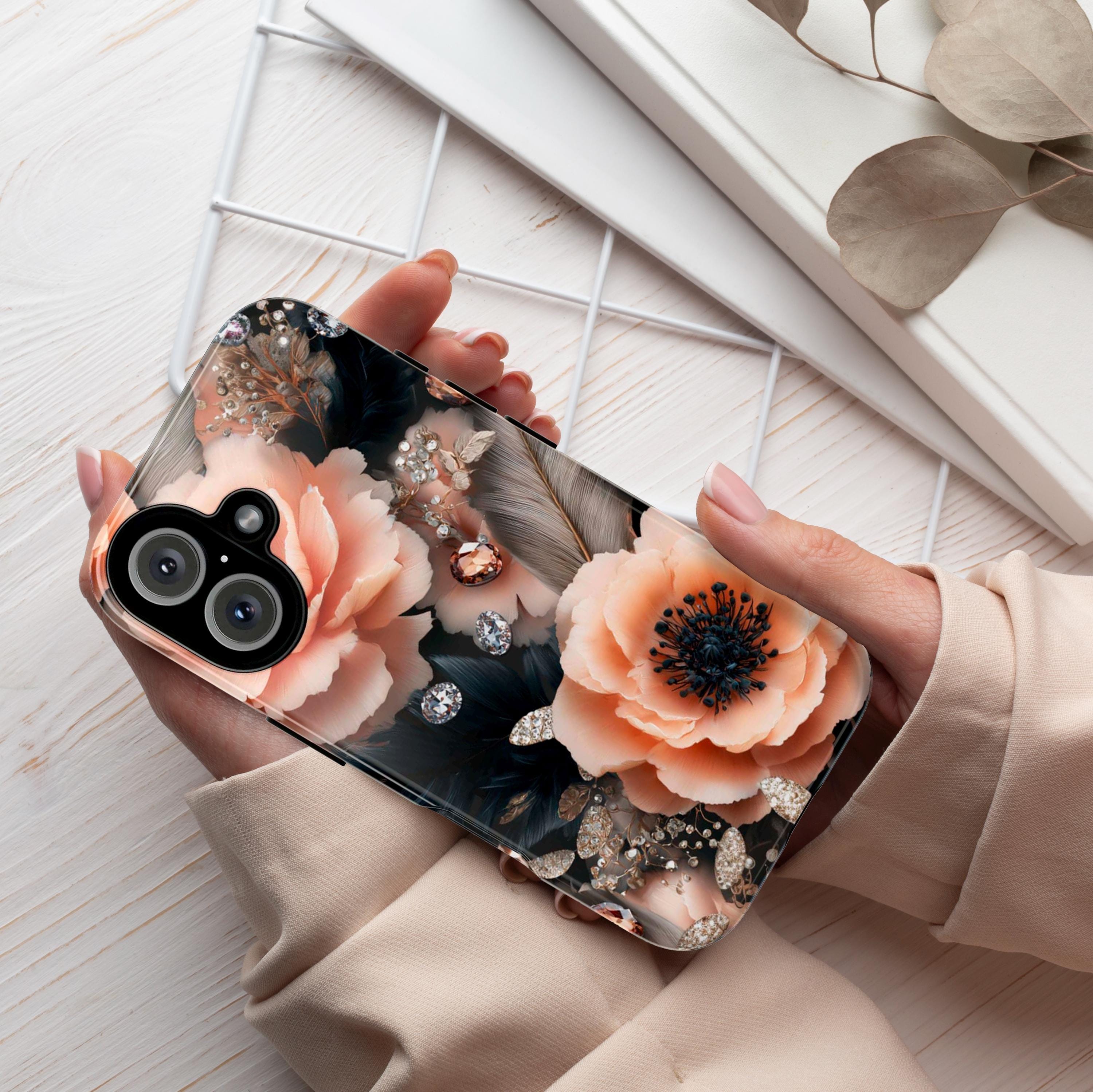 Luxury Anemone Flower Phone Case, Stylish Crystal Accents Rose Floral Design Cover for iPhone 16 15 Tough or Magsafe, Samsung, 476.27