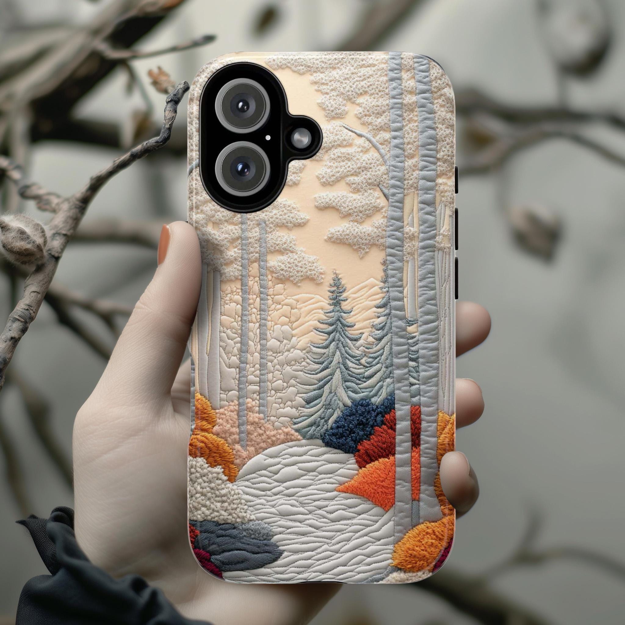 3D Embroidered Look Phone Case with Raised Forest and Winter Landscape Design, Textured Nature Scene Cover for iPhone, Samsung, 453.12