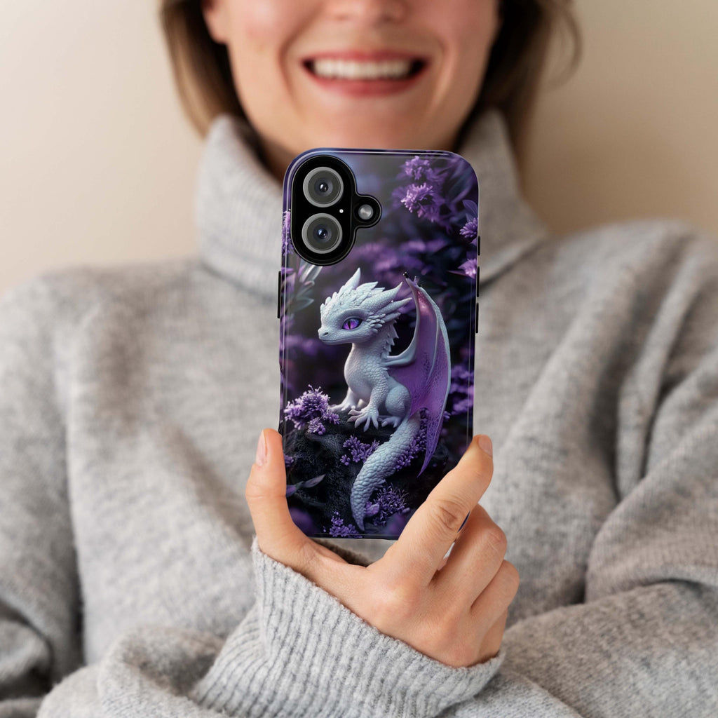 Cute 3D effect Baby Dragon Purple Floral Phone Case | White Baby Dragon Phone Cover for iPhone 16, 15, 14, 13 Tough or Magsafe, 421.9