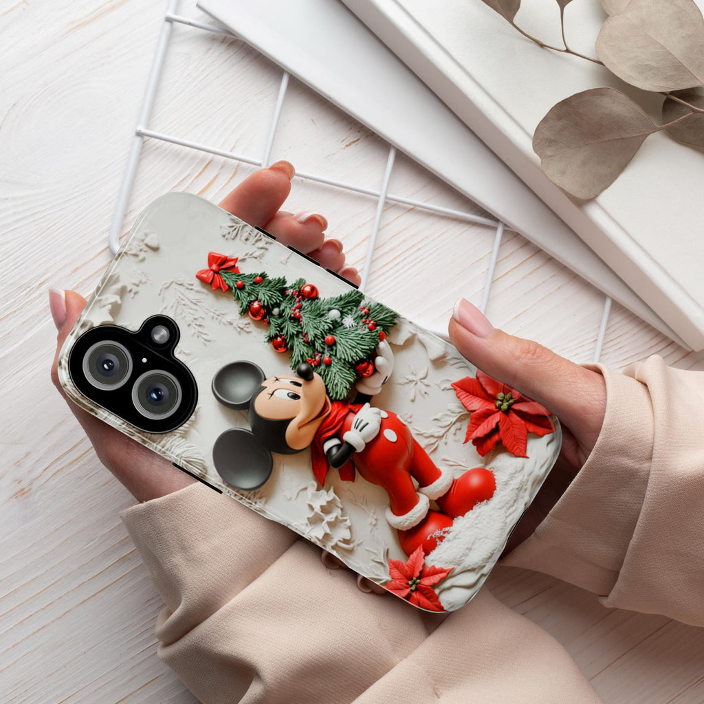 Santa Mickey Mouse 3D effect Phone Case, Cartoon Xmas Design, Mickey Christmas Tree Phone Case for iPhone 16 15 Magsafe, Samsung S24, 442.11
