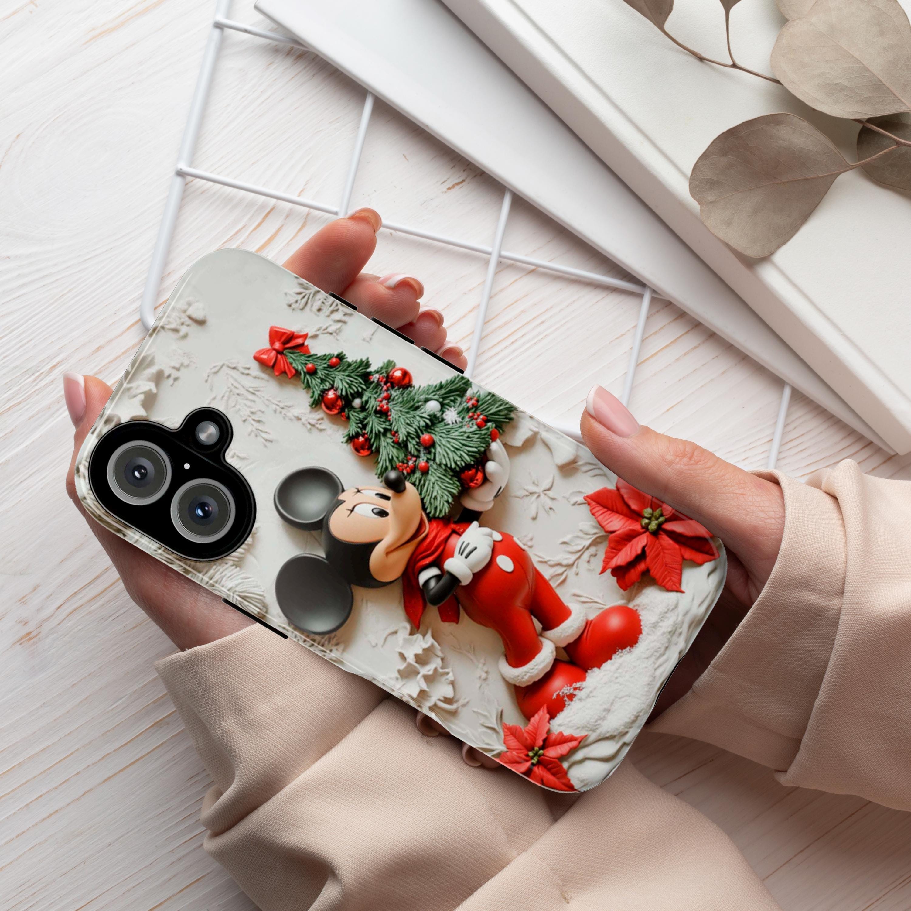 Santa Mickey Mouse 3D effect Phone Case, Cartoon Xmas Design, Mickey Christmas Tree Phone Case for iPhone 16 15 Magsafe, Samsung S24, 442.11