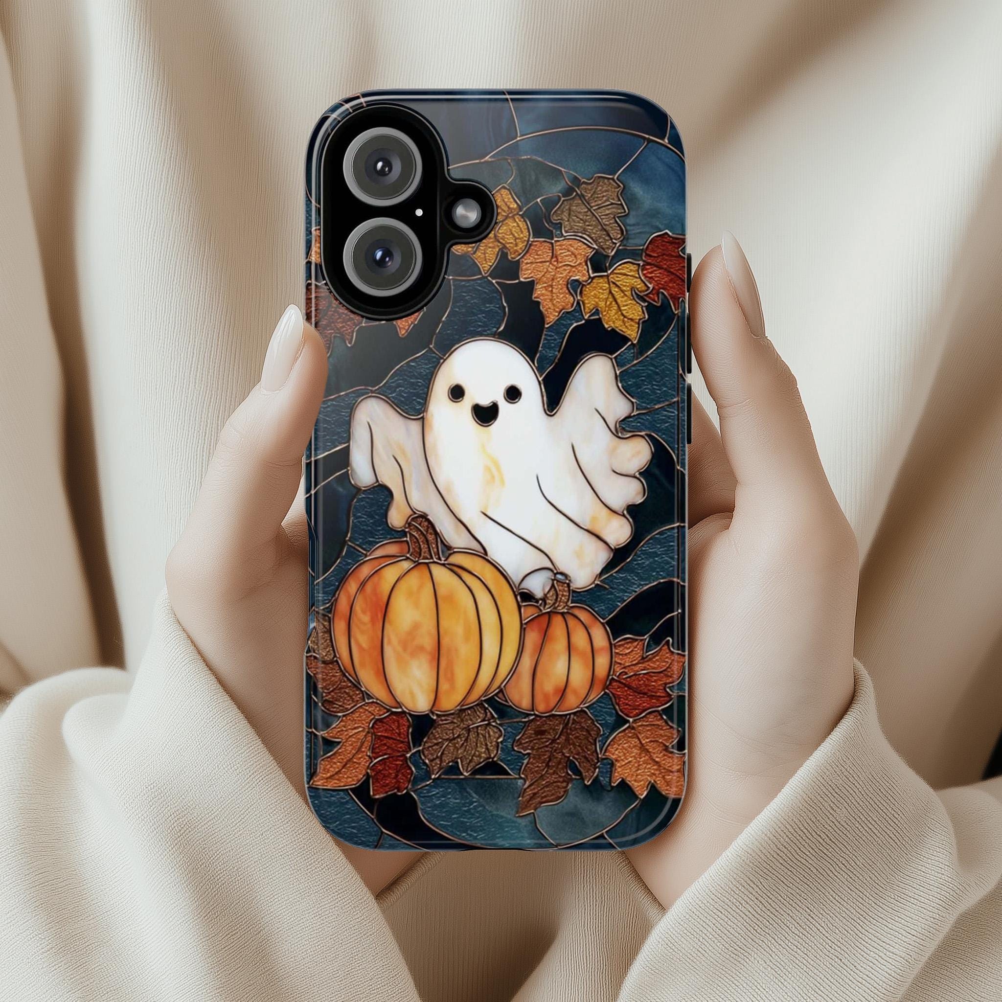Spooky Fall Ghost & Pumpkin Phone Case | Cute Halloween Design Stained Glass Effect Cover for iPhone 16 15 Tough or Magsafe, Samsung, 475.25
