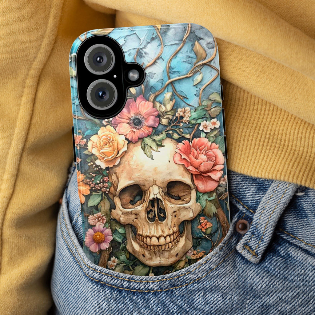 Anatomy Floral Skeleton Dia de los Muertos Phone Case, Anatomical Art Flowers & Skeleton Phone Cover for iPhone 16, Samsung S24, 435.6