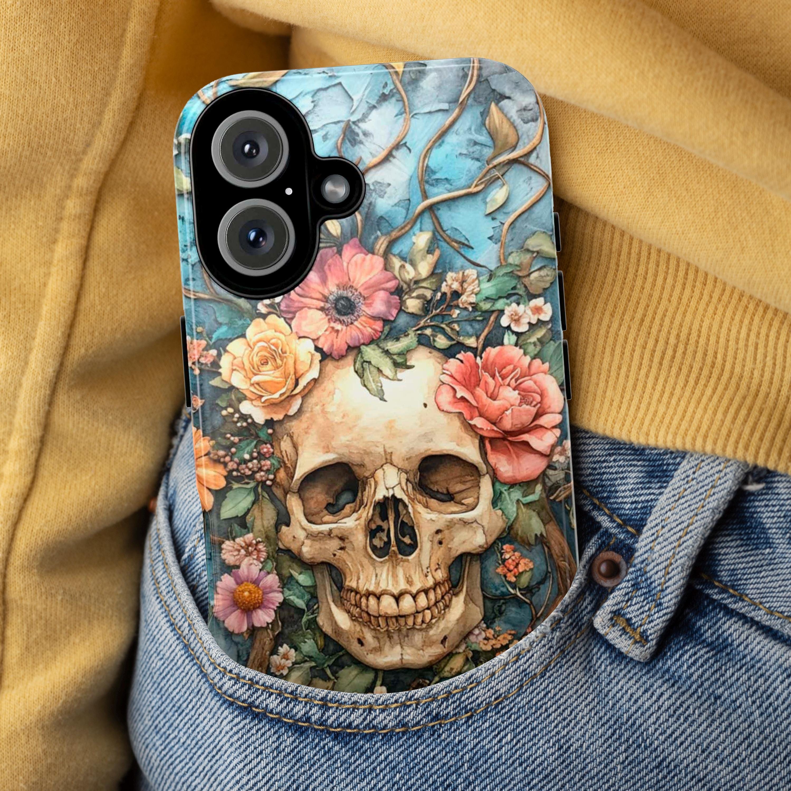 Anatomy Floral Skeleton Dia de los Muertos Phone Case, Anatomical Art Flowers & Skeleton Phone Cover for iPhone 16, Samsung S24, 435.6