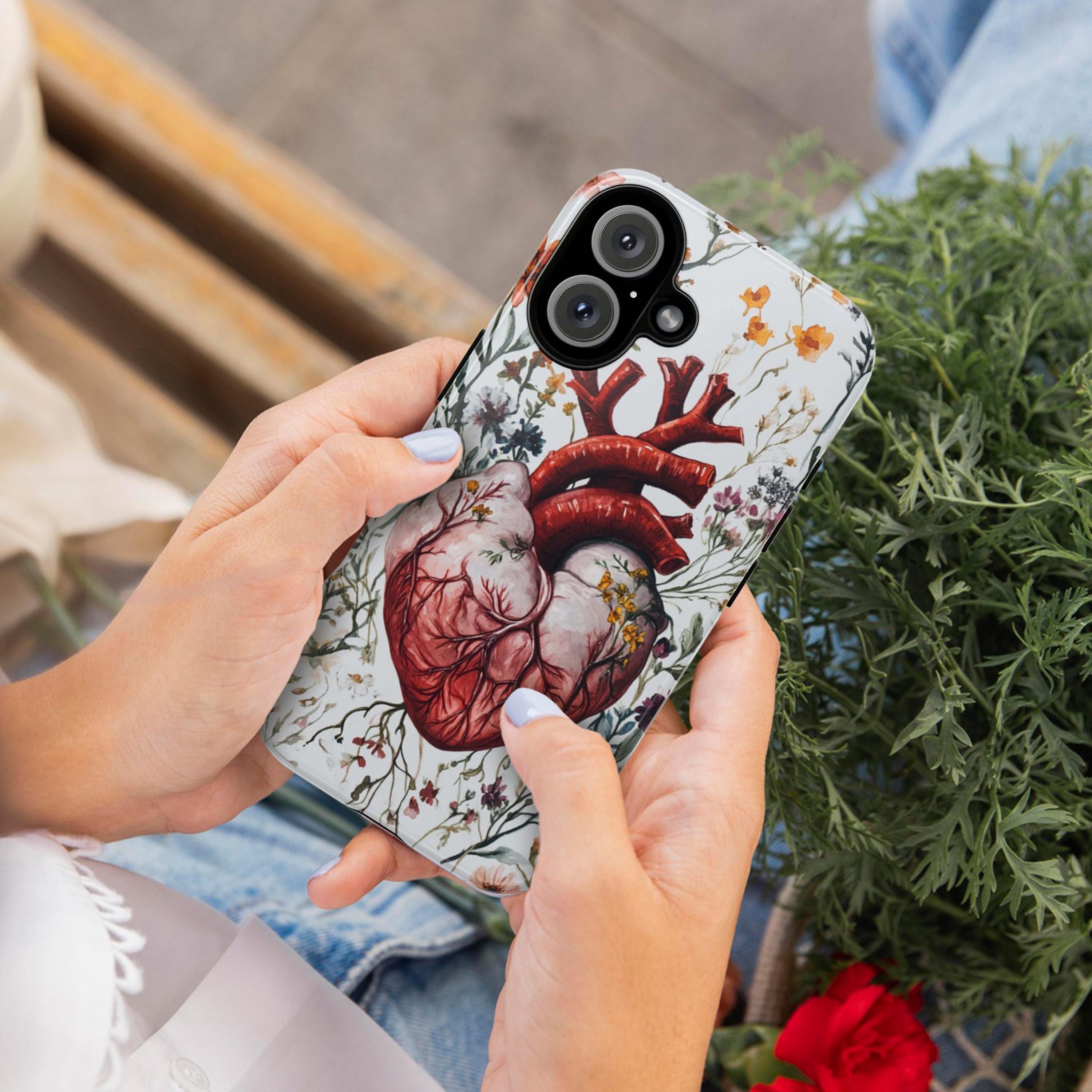 Floral Anatomy Heart Phone Case, Anatomical Art Design, Floral Human Heart Phone Cover for iPhone 16 15 Pro Max Plus, Samsung S24, 435.11