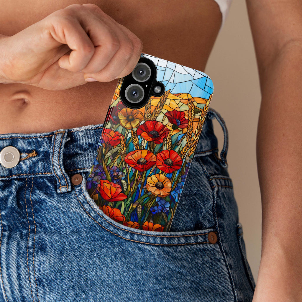 Stained Glass Poppies, CornFlowers Phone Case, Golden Wheat Field Phone Cover for iPhone 16 15 14 13 Pro Magsafe Samsung Galaxy S24, 418.21