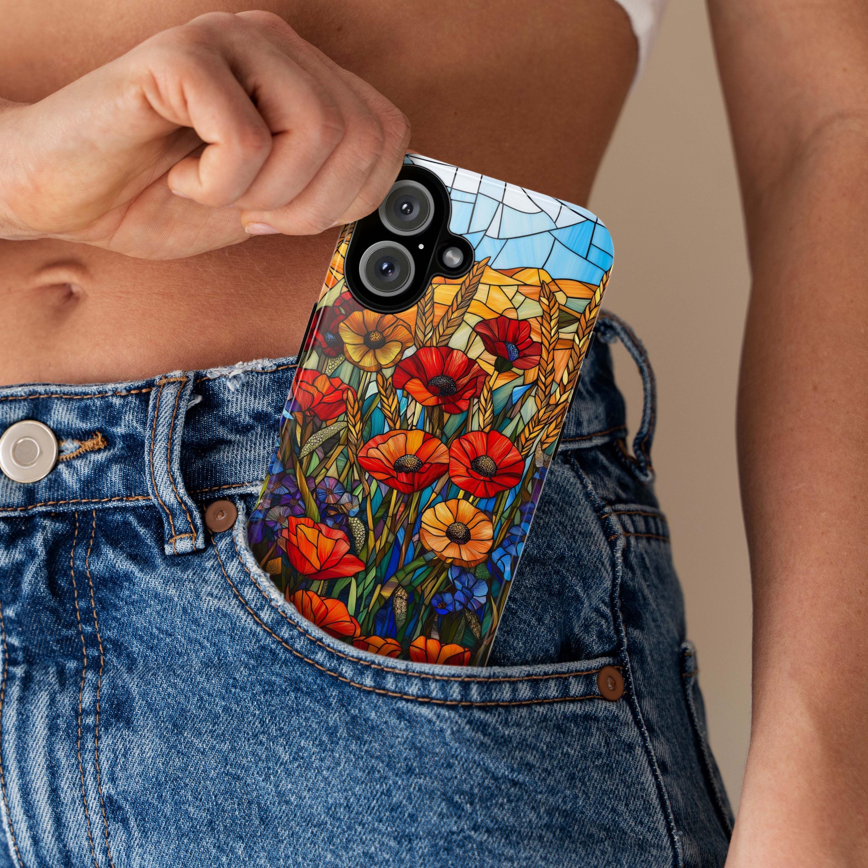 Stained Glass Poppies, CornFlowers Phone Case, Golden Wheat Field Phone Cover for iPhone 16 15 14 13 Pro Magsafe Samsung Galaxy S24, 418.21