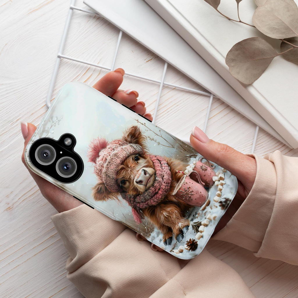 Cute Highland Cow & Winter Forest Phone Case, Festive Xmas Hot Chocolate Marshmellow iPhone 16 15 14 13 Pro Max Plus, Samsung S24, 440.1