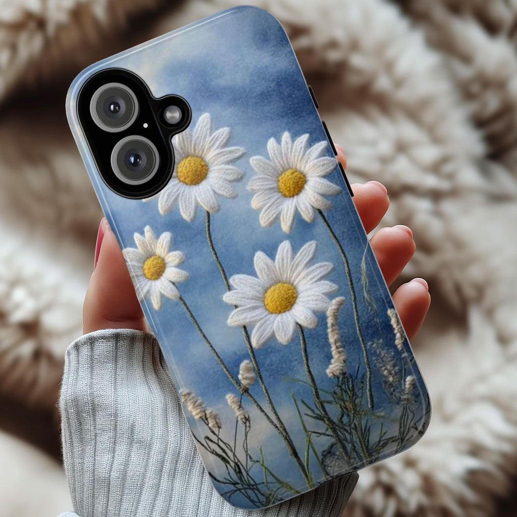 Daisy Botanical Floral Phone Case, 3D Felt Textured White Floral Phone Case for iPhone 16 15 14 13 Tough or Magsafe, Samsung, 476.1