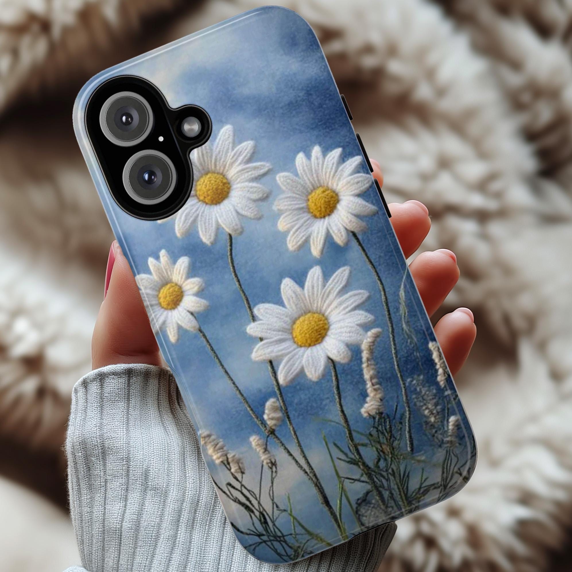 Daisy Botanical Floral Phone Case, 3D Felt Textured White Floral Phone Case for iPhone 16 15 14 13 Tough or Magsafe, Samsung, 476.1