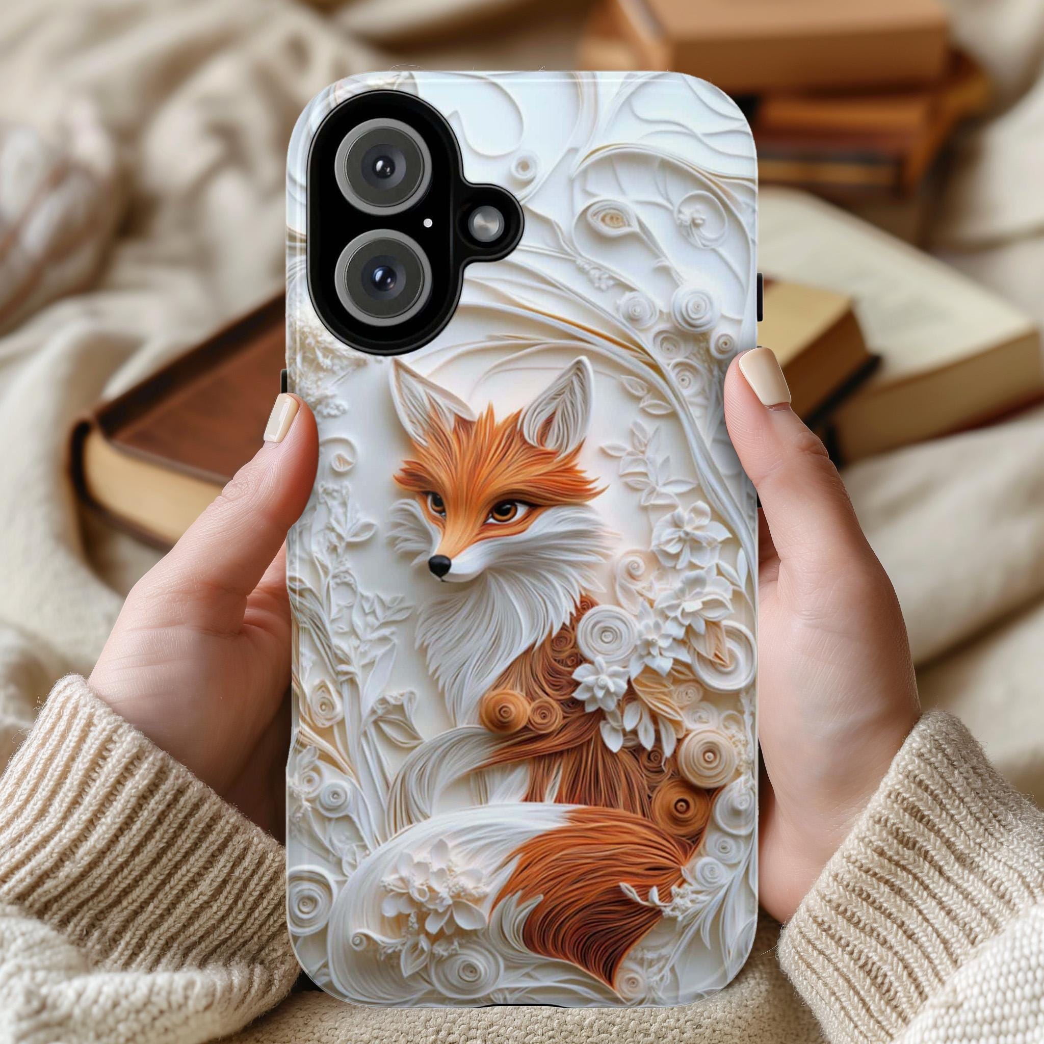 Fox and Floral Paper Art Phone Case, 3D Textured Fox Lover Gift Phone Cove, Artistic Paper Style Cover for iPhone Tough or MagSafe, 470.13