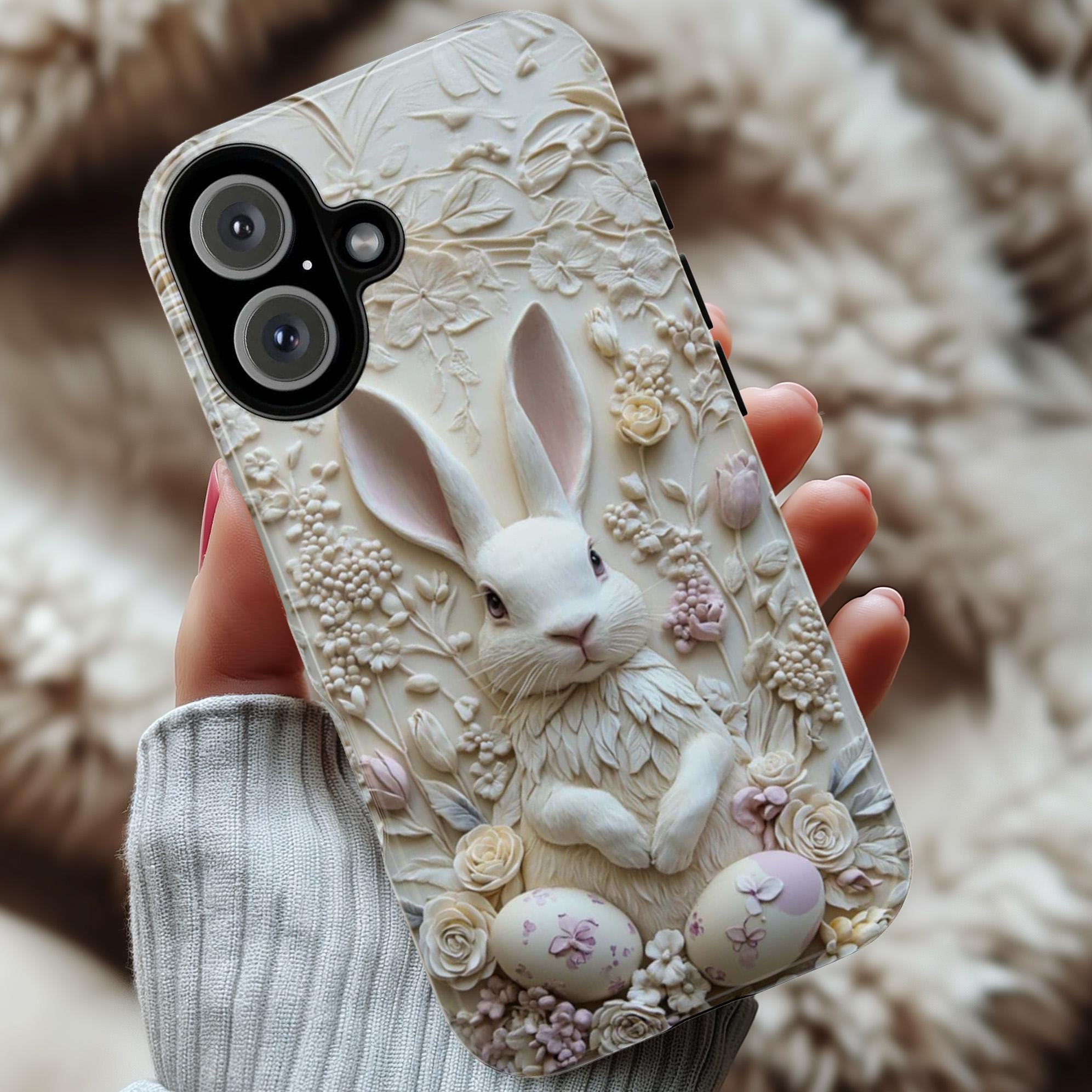 3D Easter White Bunny & Egges Phone Case, Spring Design, Cute Pastel Easter Rabbit Case for iPhone 16 15 14 13 Magsafe, Samsung S25, 464.2