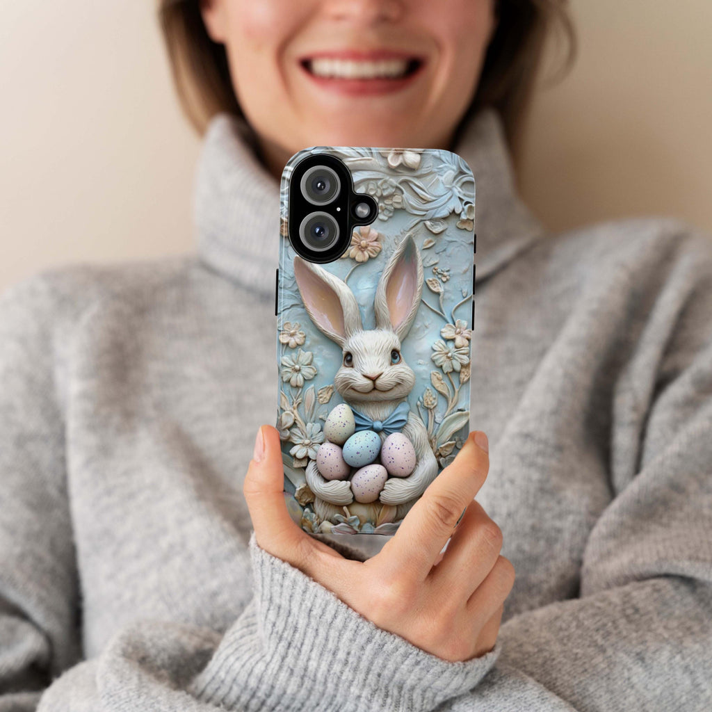 Easter Bunny & Egges 3D Style Phone Case, Spring Design Cute Pastel Rabbit Case for iPhone 16 15 14 13 Tough or Magsafe, Samsung, 464.5