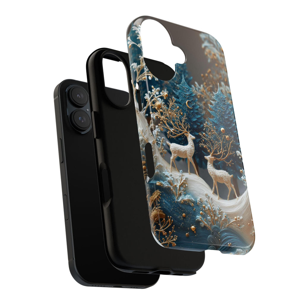 Winter Chistmas Forest Reindeer Phone Case | Snowy Holiday Woodland Cover for iPhone 16 15 14 Tough or Magsafe, Samsung, 481.1