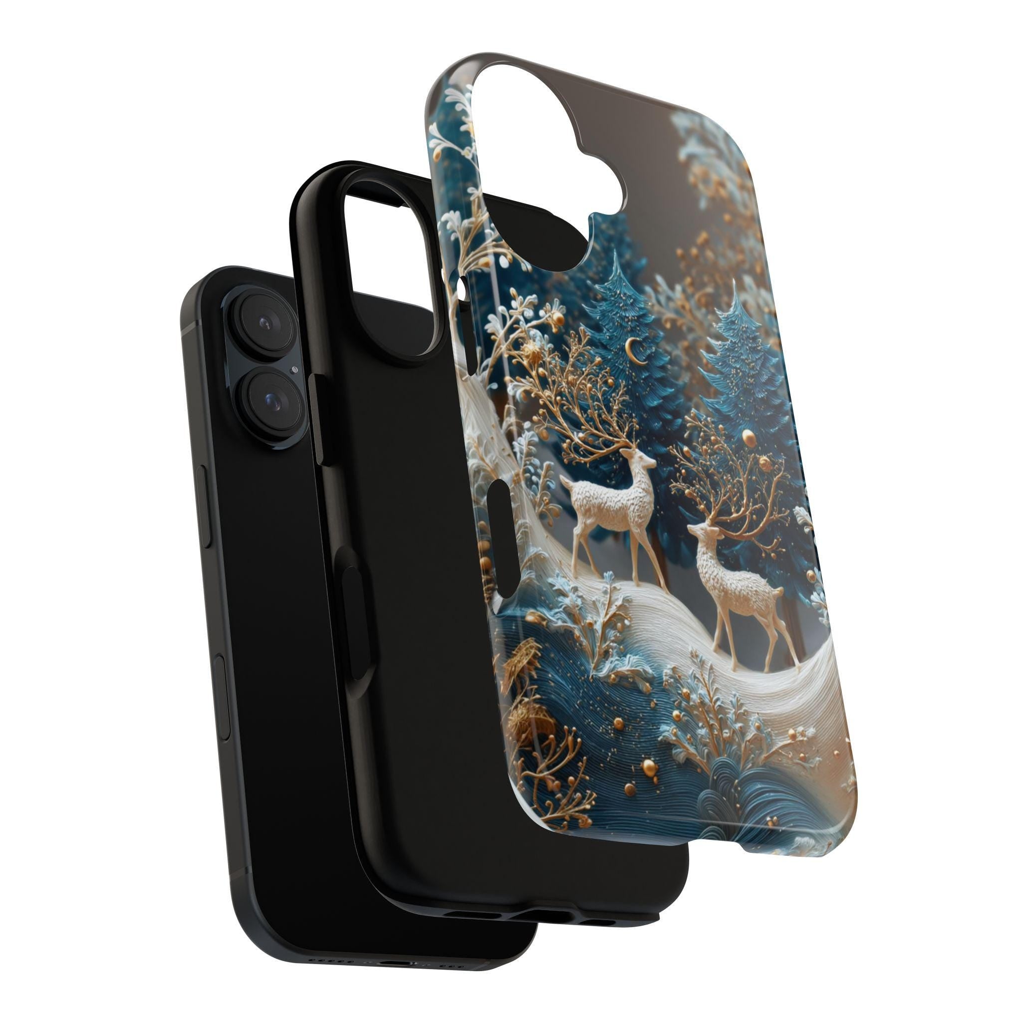 Winter Chistmas Forest Reindeer Phone Case | Snowy Holiday Woodland Cover for iPhone 16 15 14 Tough or Magsafe, Samsung, 481.1