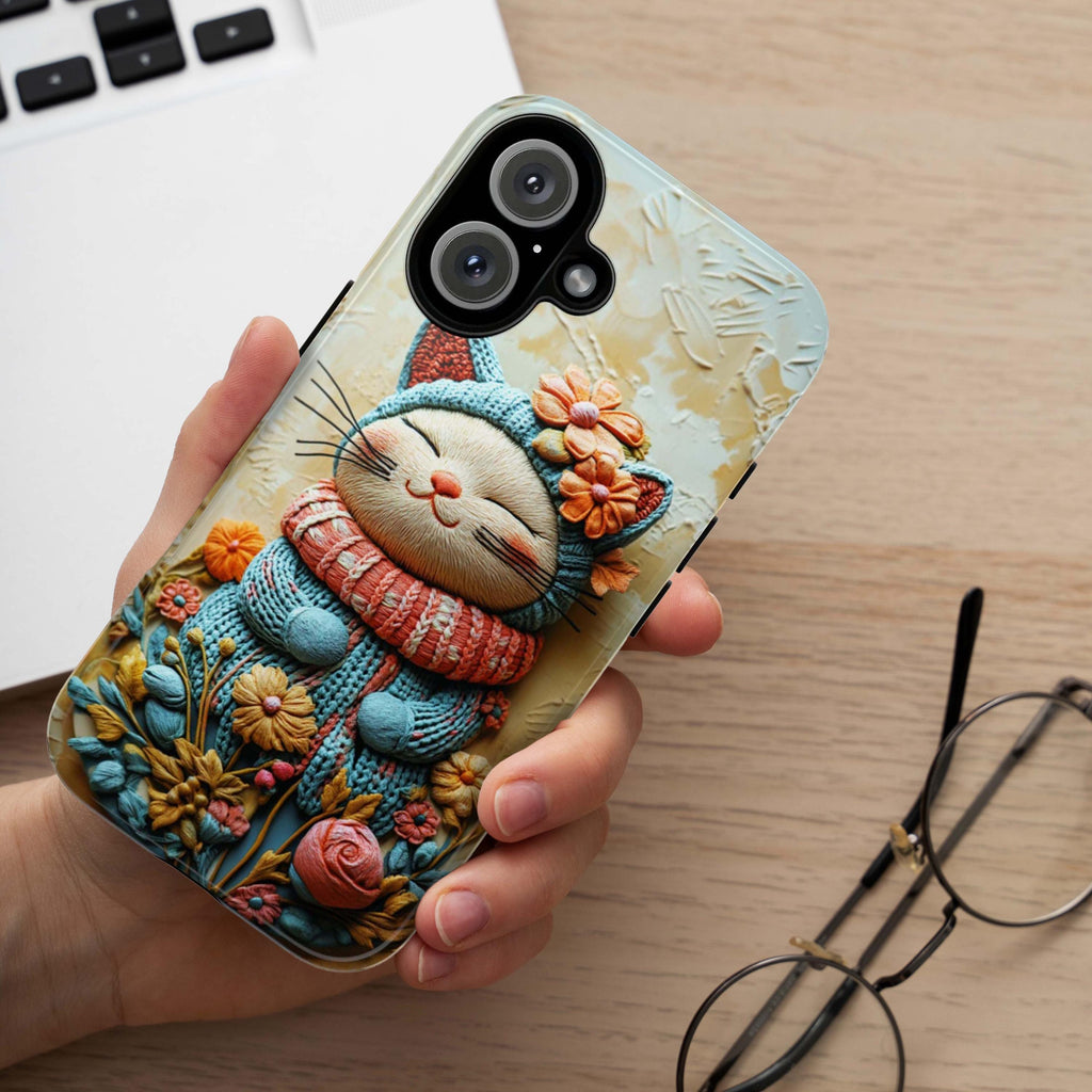 Knitted Colorful Cat & Flowers Phone - 3D effect Phone cover - Cat Lover Case for iPhone 16 15 14 13 Magsafe Plus, Samsung S24, 449.1