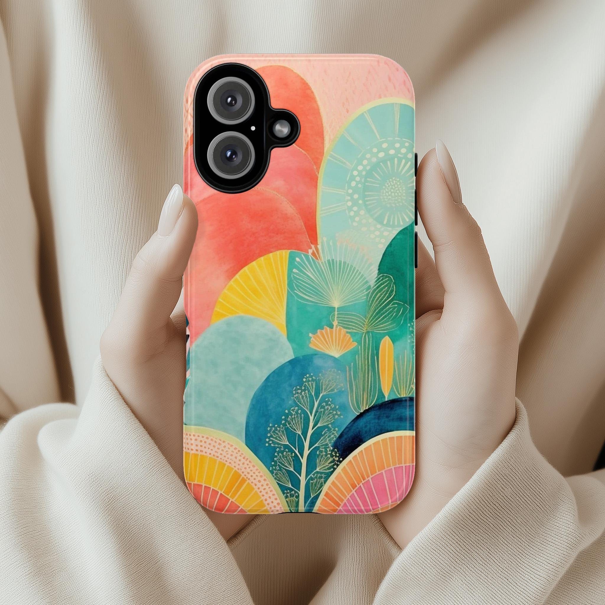 Boho Abstract Landscape Phone Case, Aesthetic Watercolor Phone, Painting Art Cover for iPhone 15 14 13 12 11 Pro Max Plus / Galaxy S25, 135