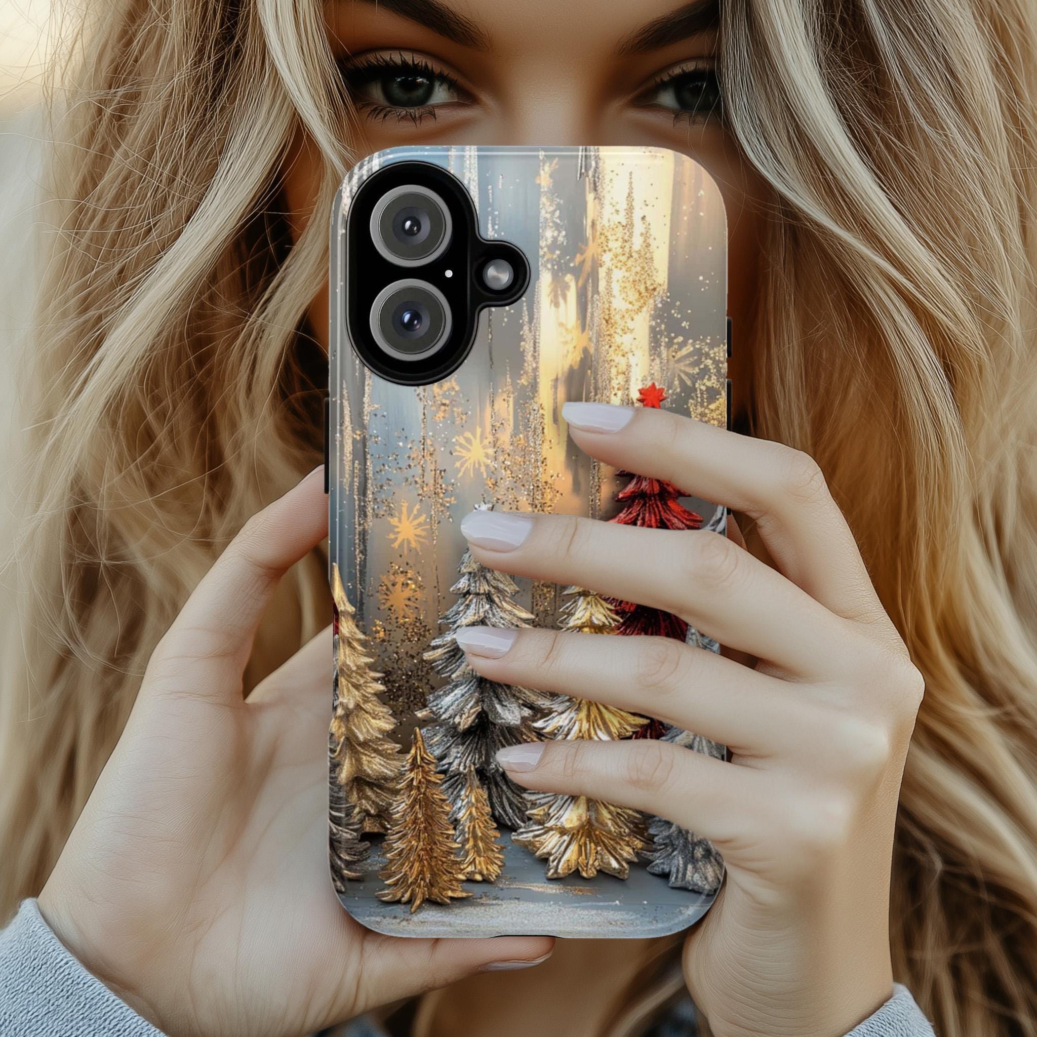 Cozy Christmas 3D Glitter effect Phone Case, Gold Silver Xmas Pine Tree MagSafe for iPhone 16 15 14 13 Pro Max Plus, Samsung S25, 437.1