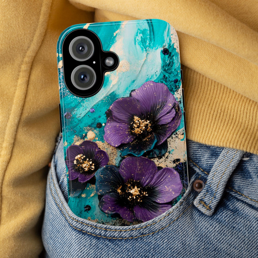 Purple 3D Floral Art Phone Case, Glitter Bloom 3D Design, Teal Floral Garden Case for iPhone 16 15 14 13 Pro Max Magsafe, Samsung S24, 436.2