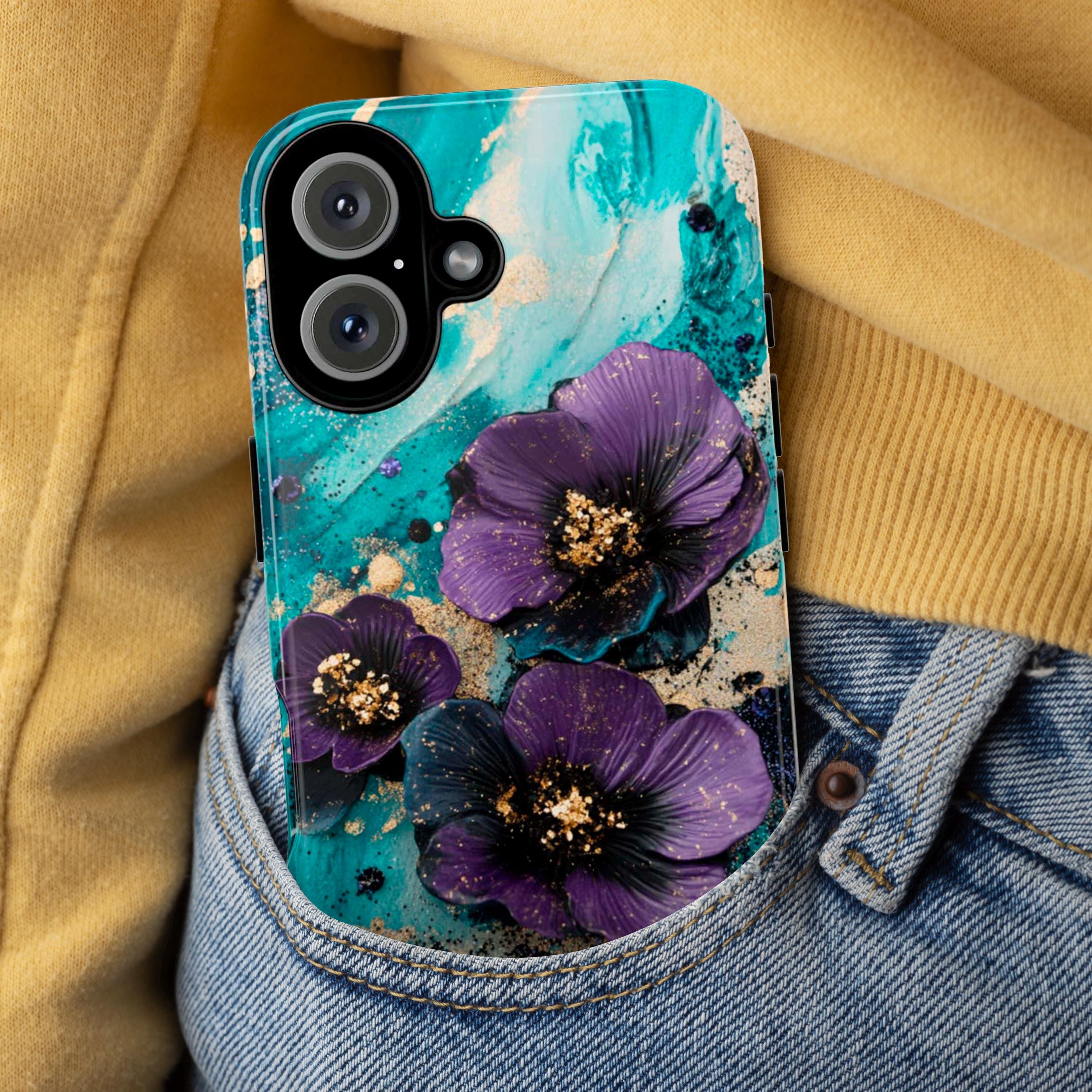 Purple 3D Floral Art Phone Case, Glitter Bloom 3D Design, Teal Floral Garden Case for iPhone 16 15 14 13 Pro Max Magsafe, Samsung S24, 436.2