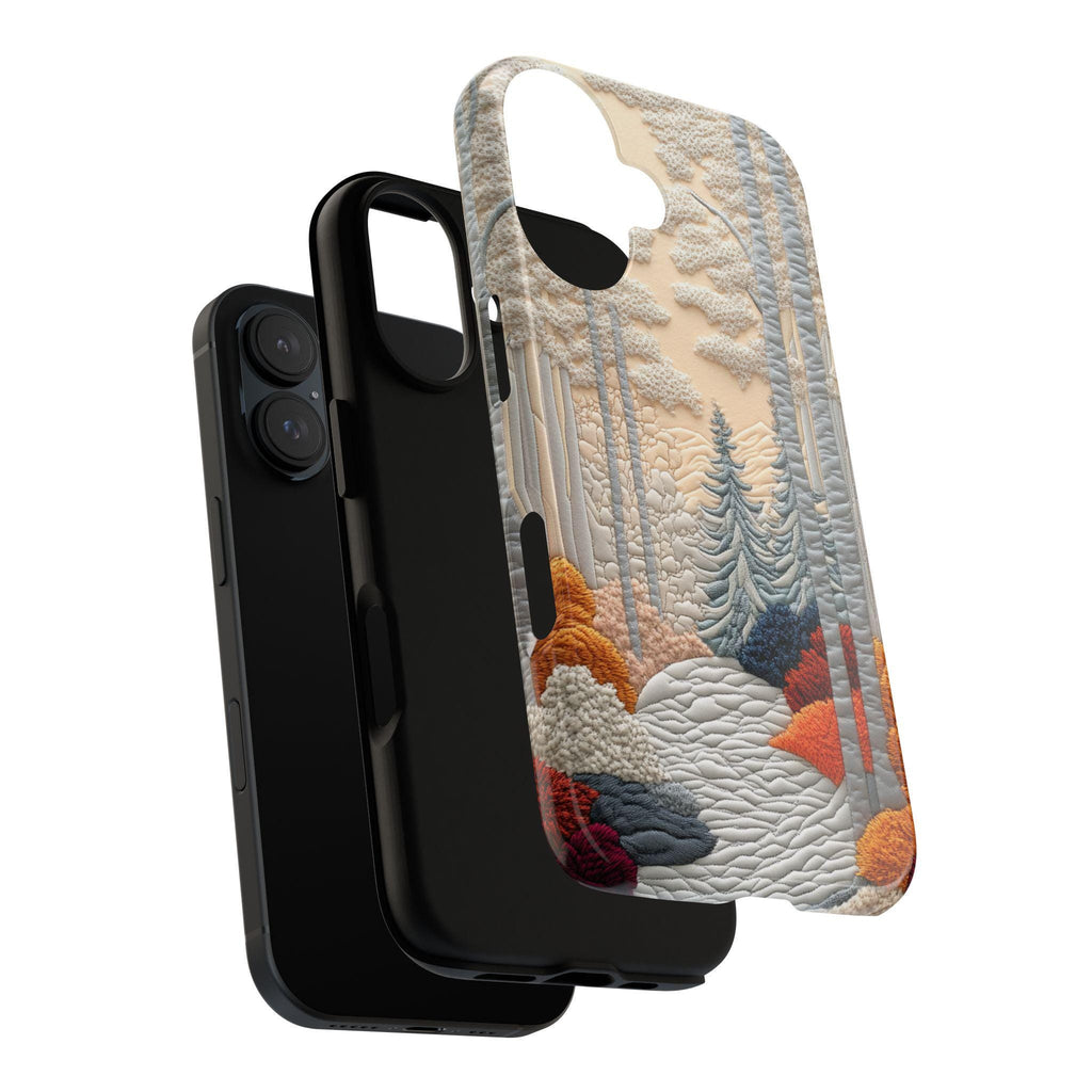 3D Embroidered Look Phone Case with Raised Forest and Winter Landscape Design, Textured Nature Scene Cover for iPhone, Samsung, 453.12